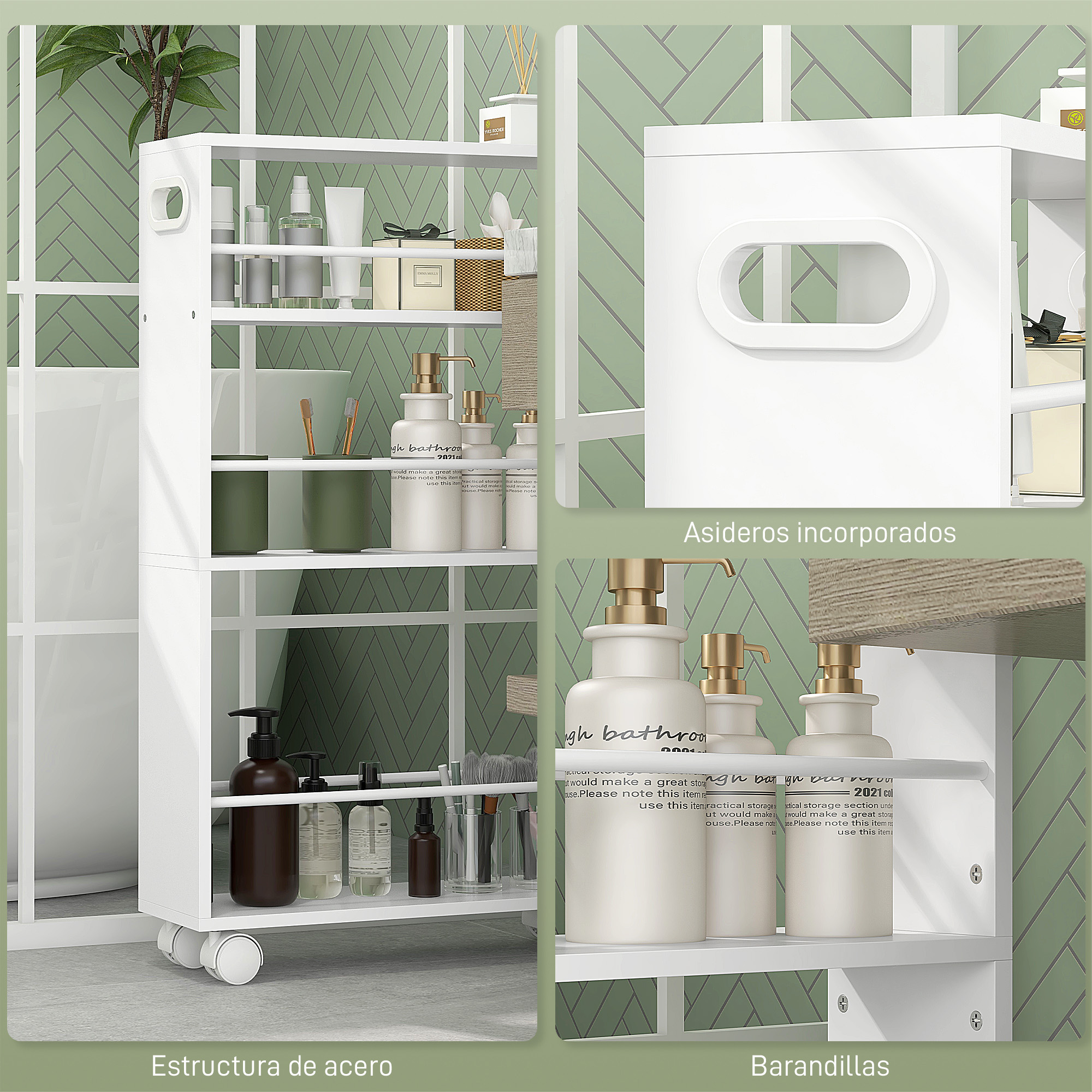 Un carrito blanco con ruedas y varios estantes, lleno de artículos de baño.