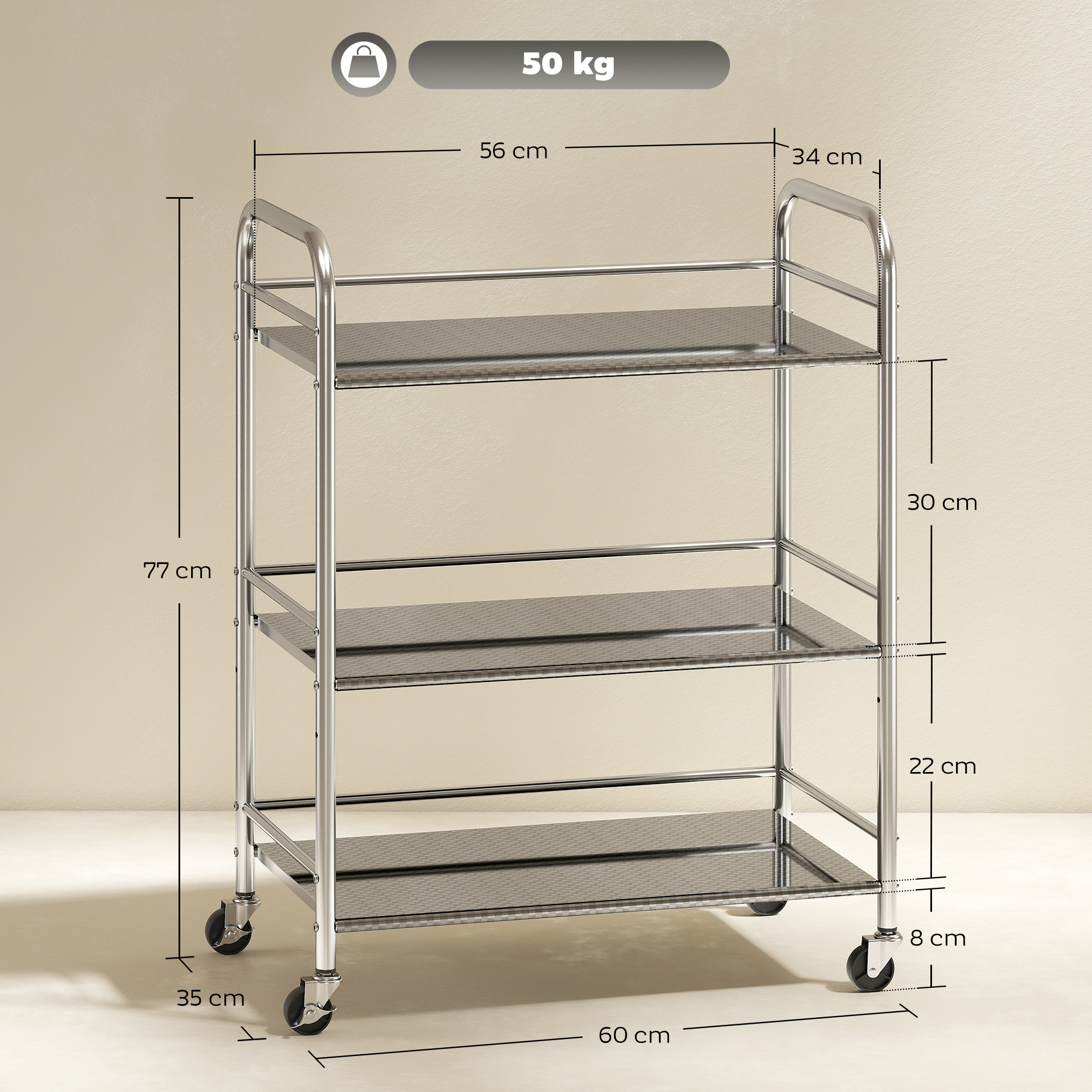 Un carrito plateado de tres niveles con ruedas. Capacidad máxima 50 kg.