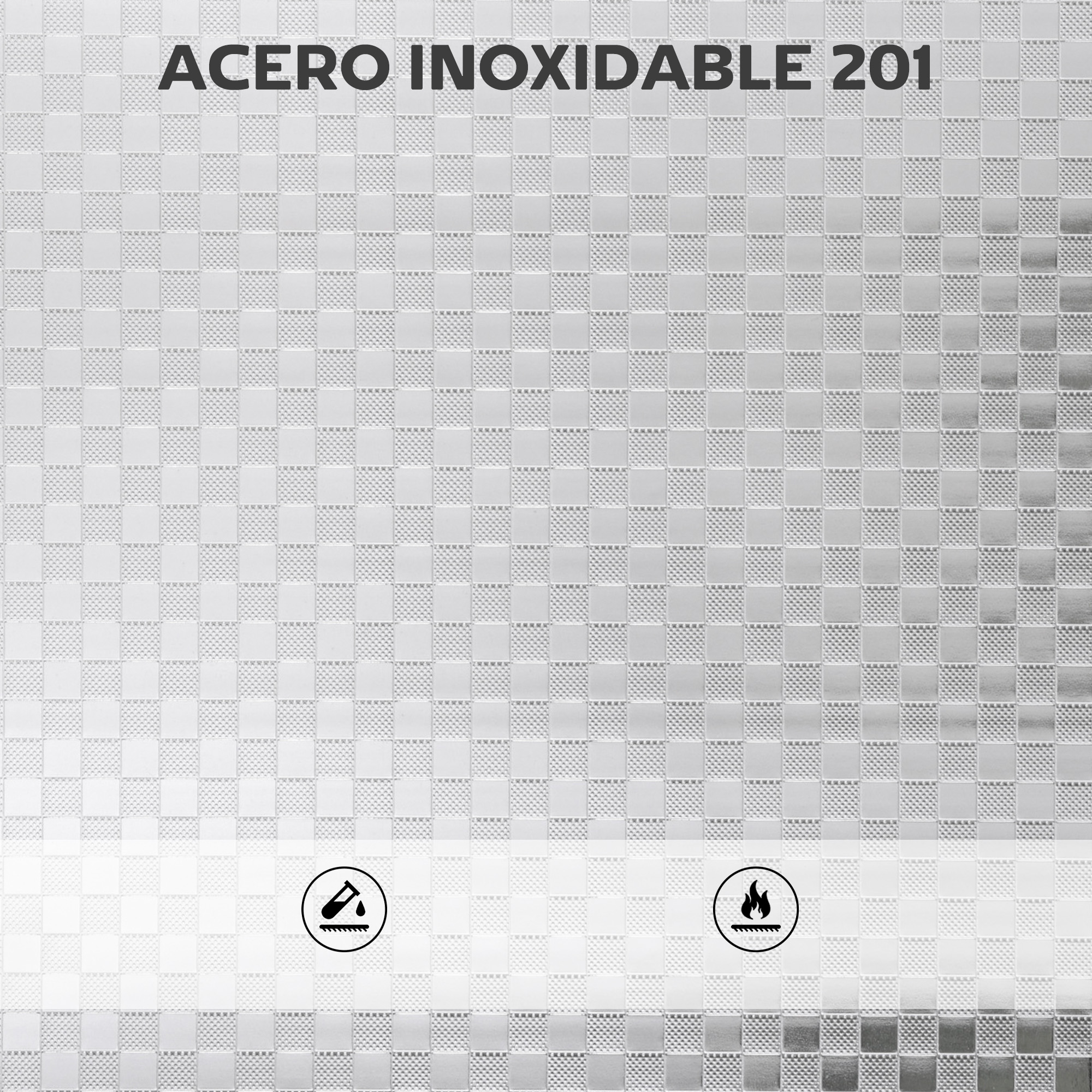Acero inoxidable 201 con patrón a cuadros y símbolos de químicos y fuego.