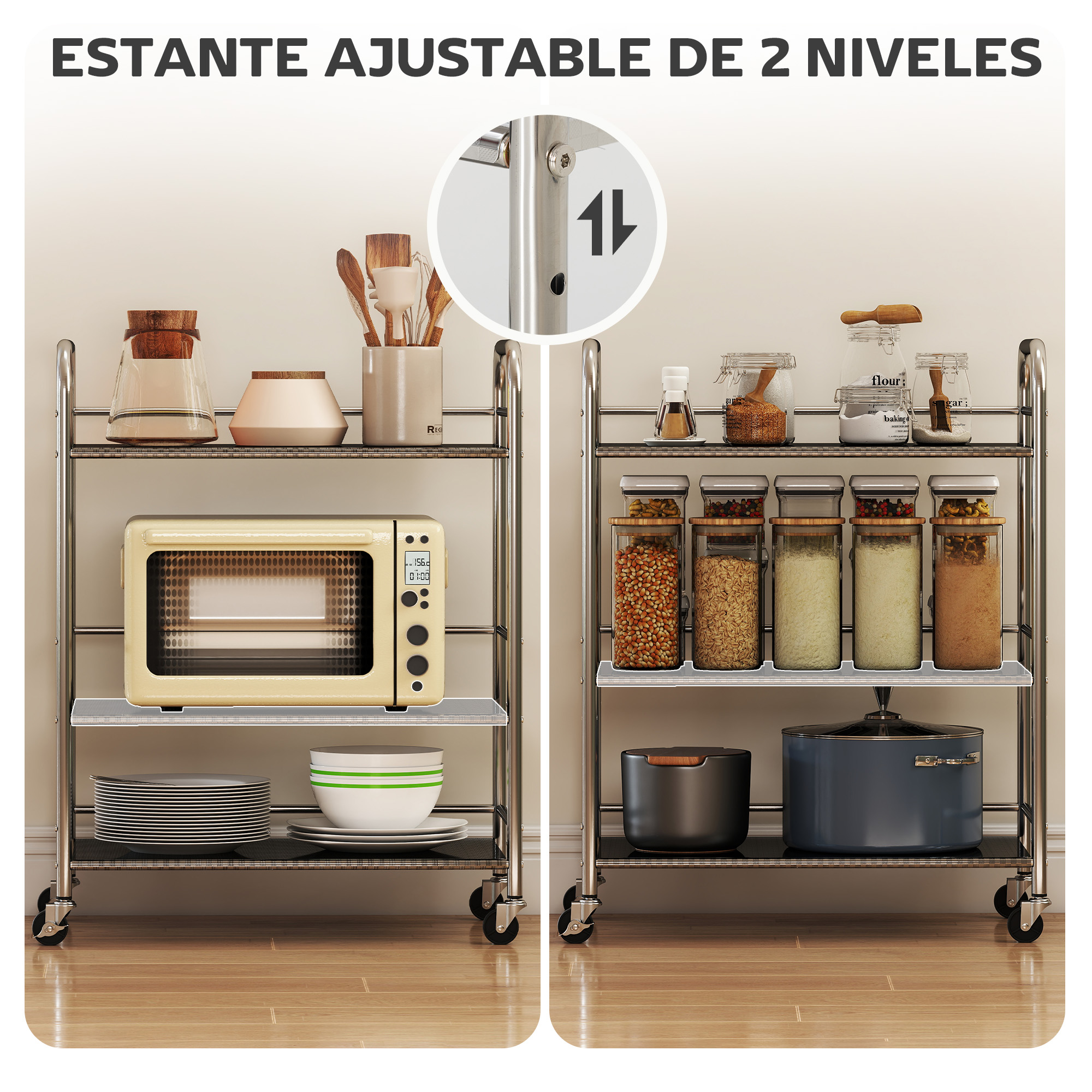 Carrito de cocina ajustable de dos niveles con microondas, platos y despensa.