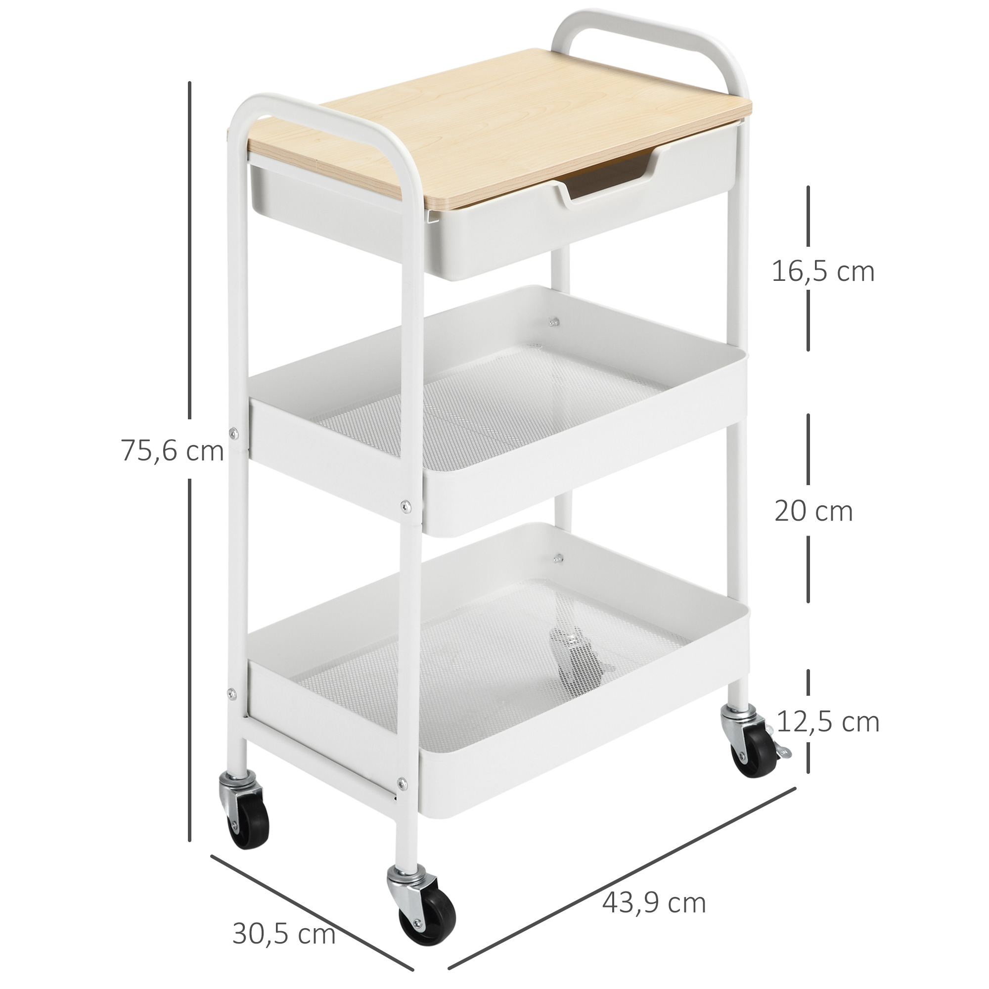 Un carrito blanco con ruedas, tres cestas y tapa de madera, se muestran las dimensiones.