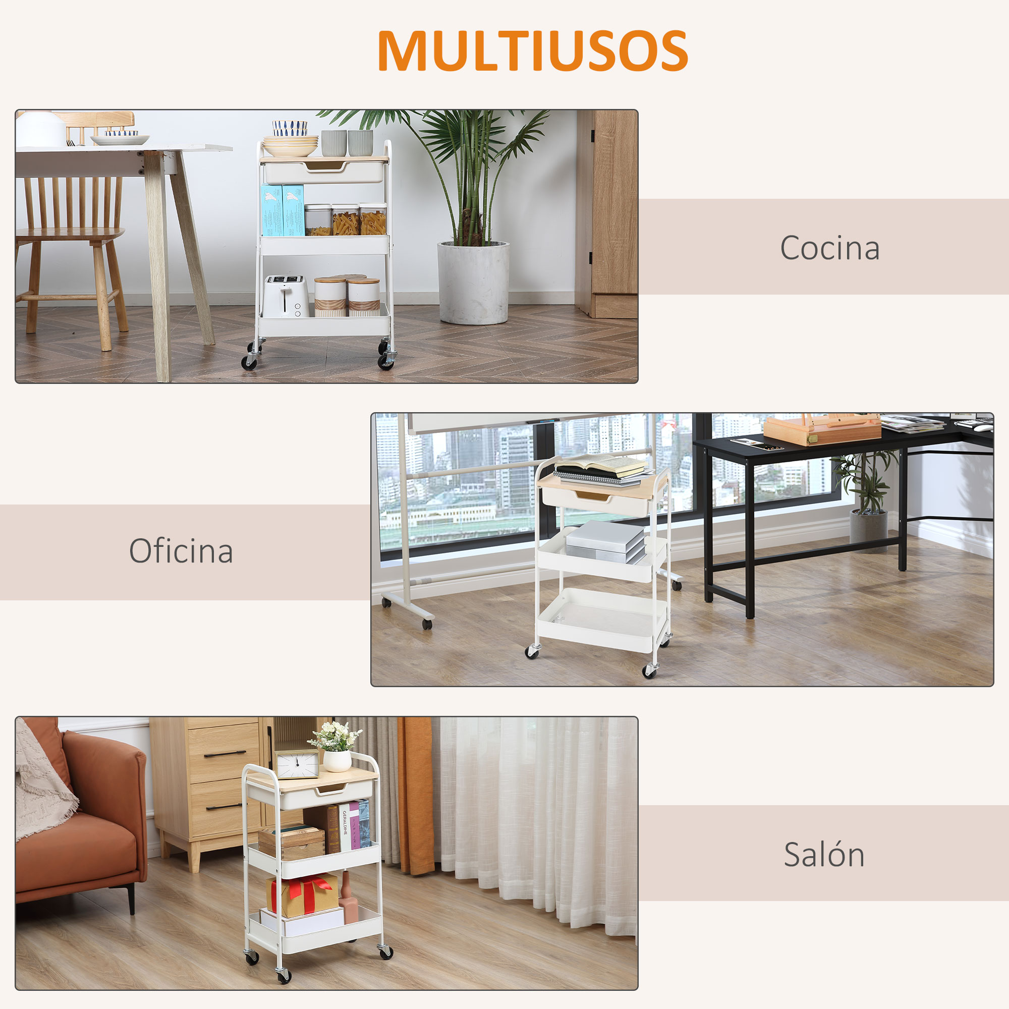 Un carrito blanco con ruedas, lleno de varios artículos.