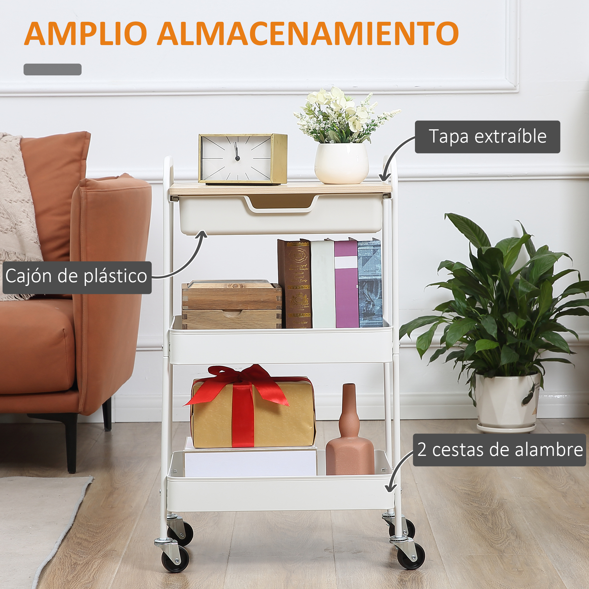 Un carrito blanco con cajón, libros, regalo y jarrón.
