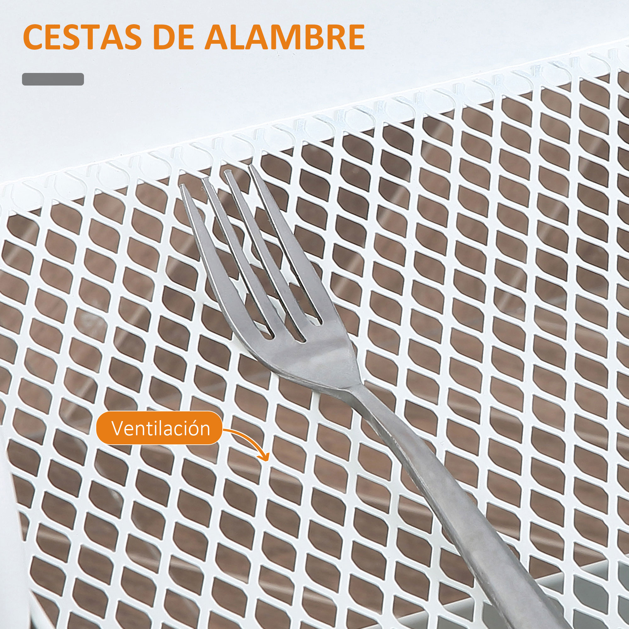 Un tenedor descansa sobre una cesta de alambre blanca con ventilación.
