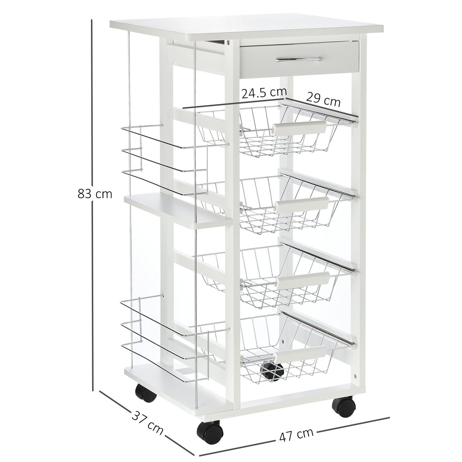 Un carrito de cocina blanco con 4 cestas, 1 cajón y ruedas. Se muestran las dimensiones.