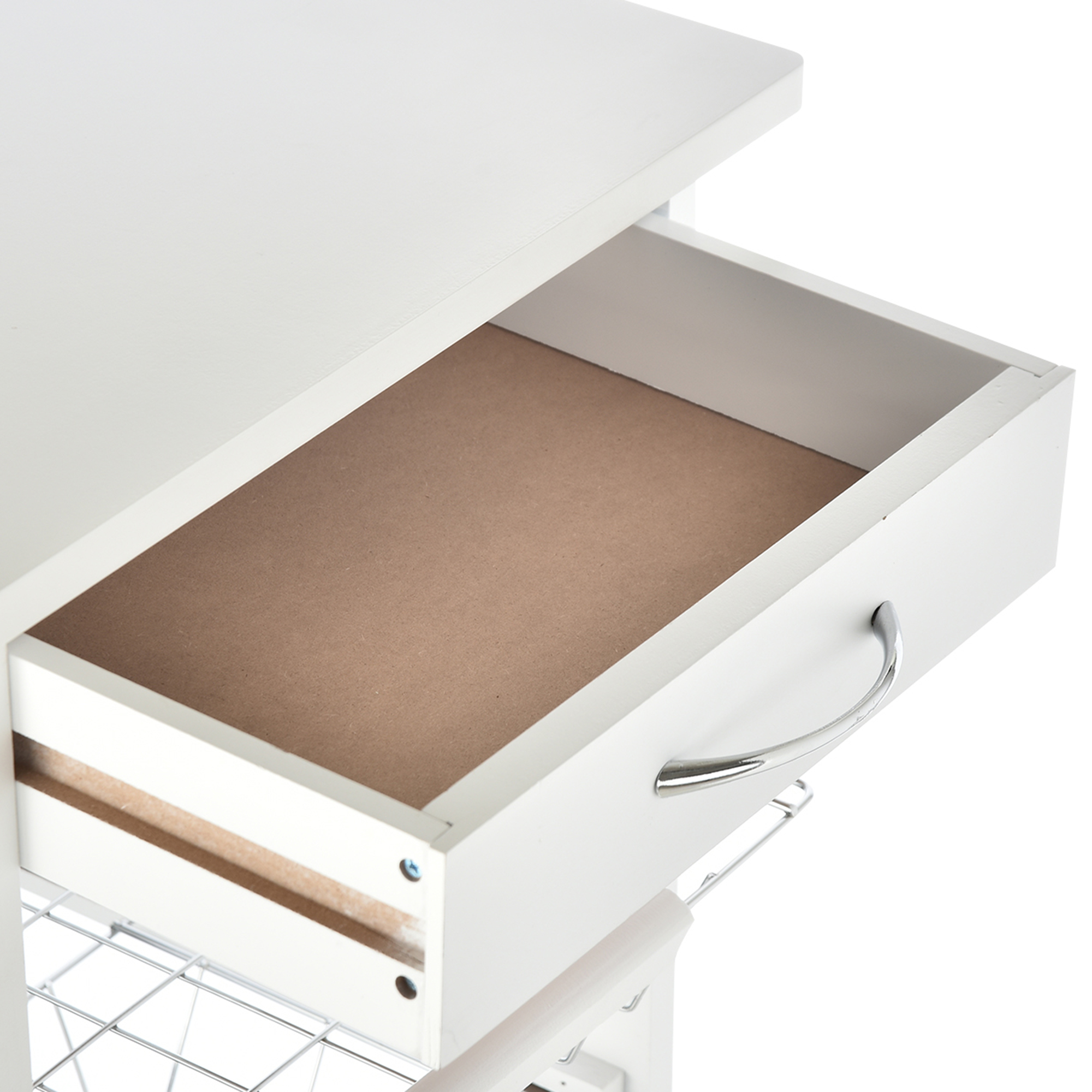 Un carrito de cocina blanco con un cajón abierto y un tirador plateado.