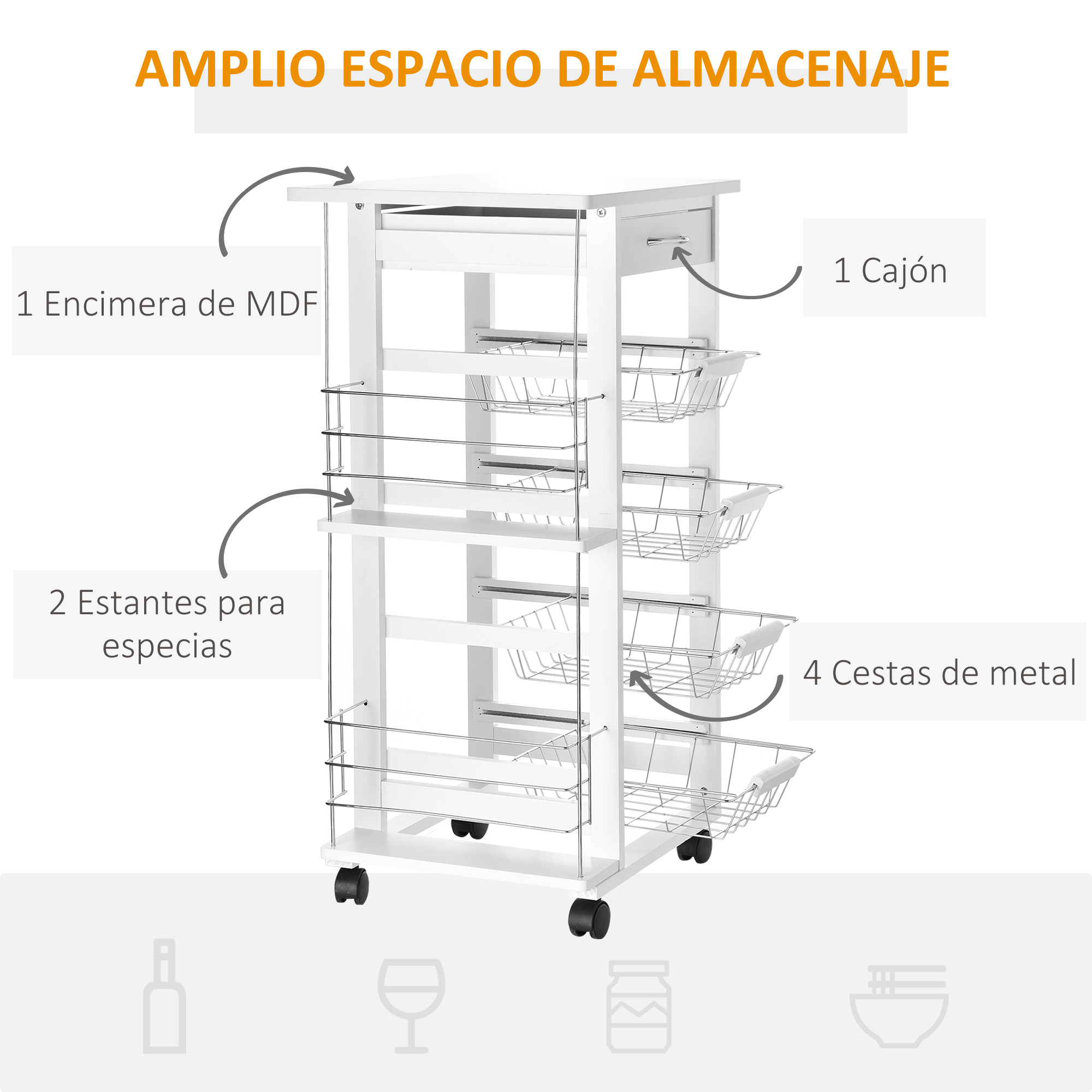 Un carrito blanco con 4 cestas, 2 estantes, 1 cajón y 1 encimera de MDF.