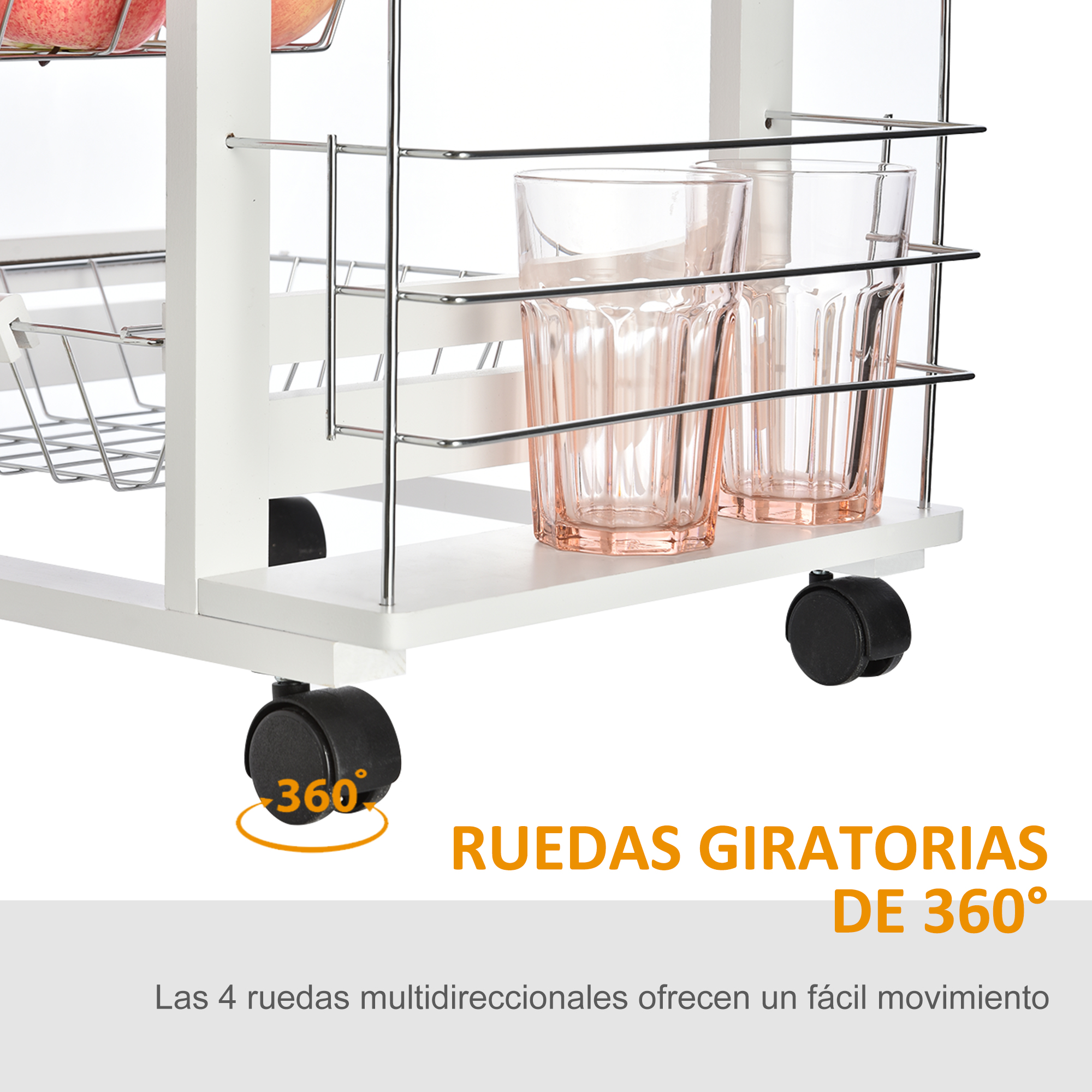 Carrito de cocina blanco con ruedas y vasos rosas.