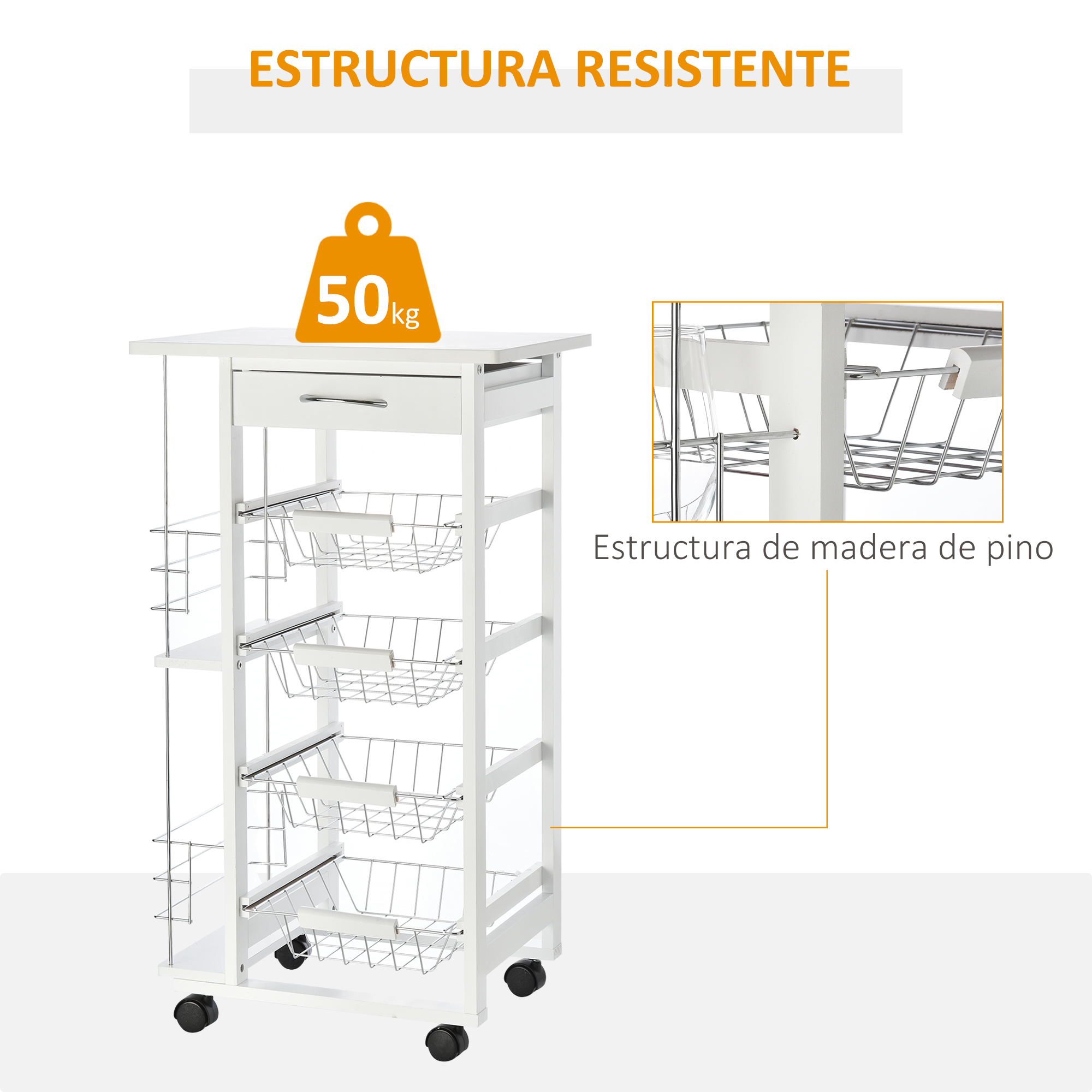 Un carrito de cocina blanco con cajón y cuatro cestas de alambre sobre ruedas.