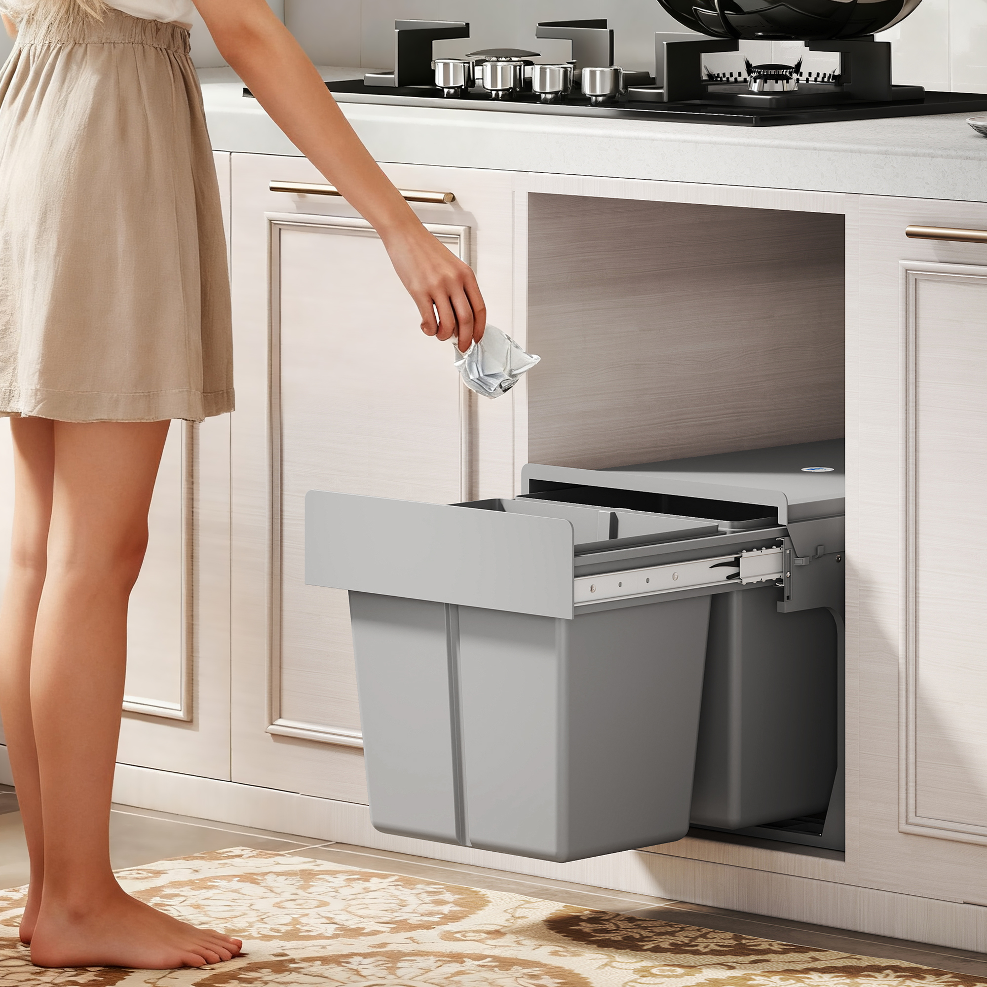 Una mujer tira basura en un cubo de cocina extraíble bajo la encimera.