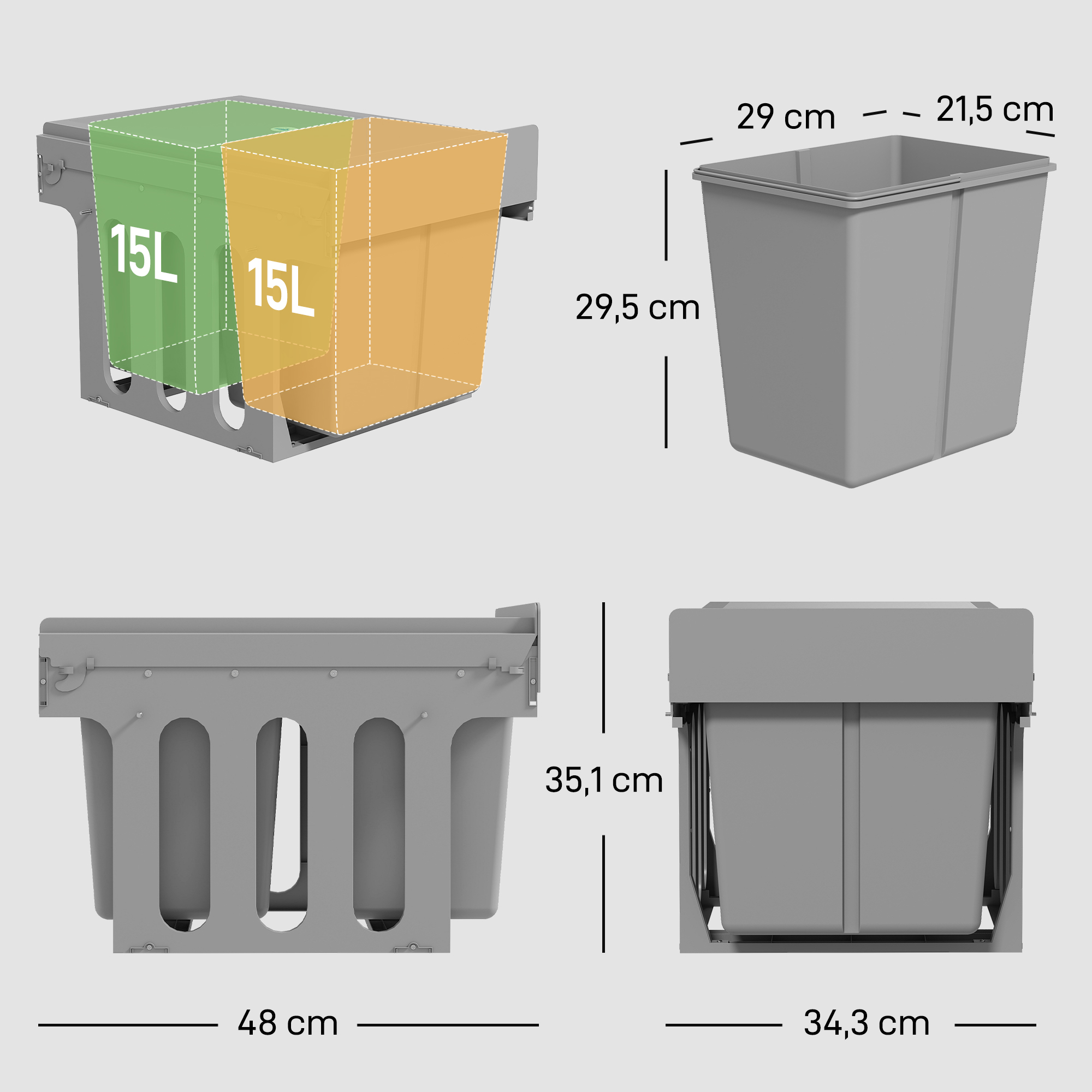 Cubo de basura gris con dos cubos de 15L. Se muestran las dimensiones.