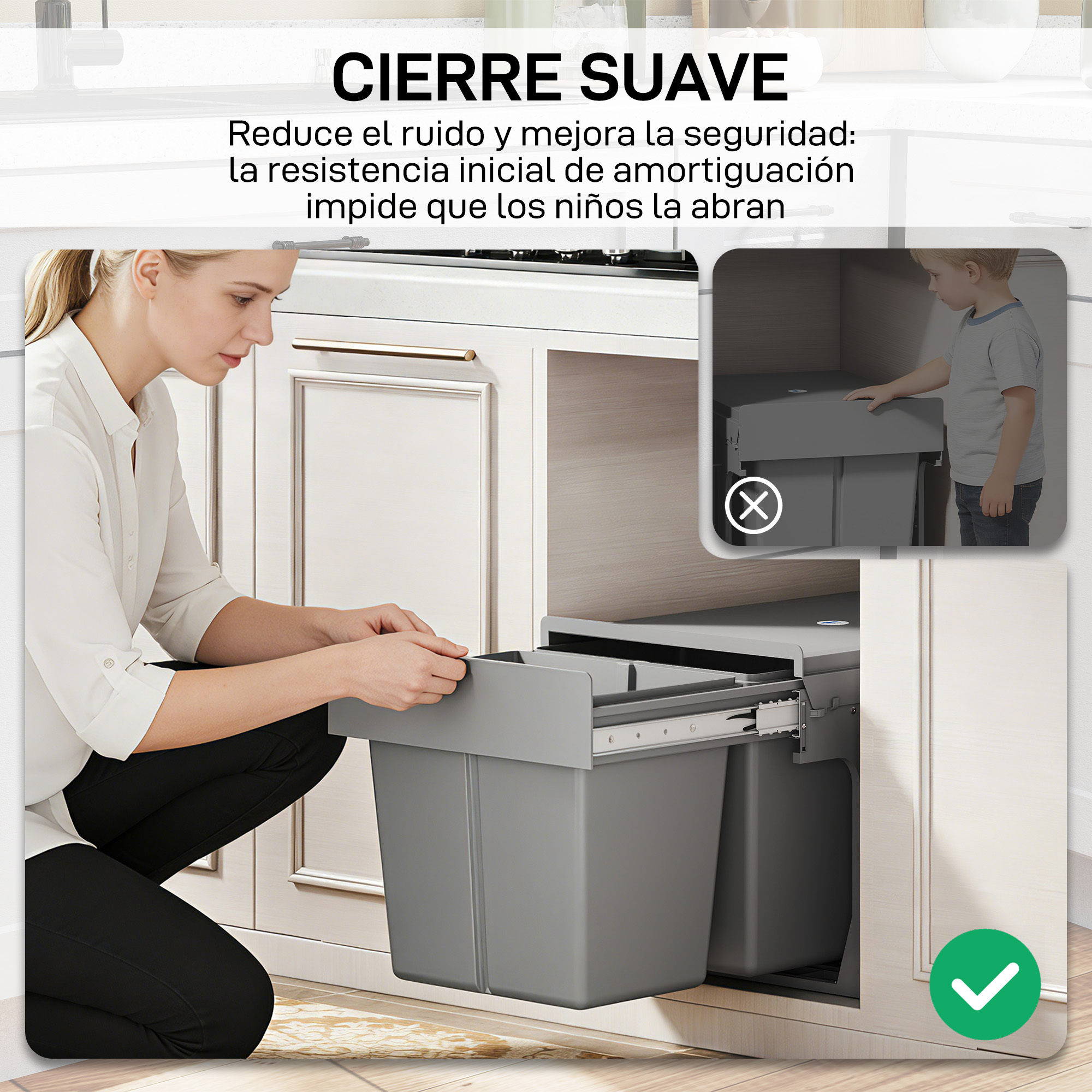 Una mujer abre un cubo de basura en la cocina. Se muestra a un niño incapaz de abrir un cubo.