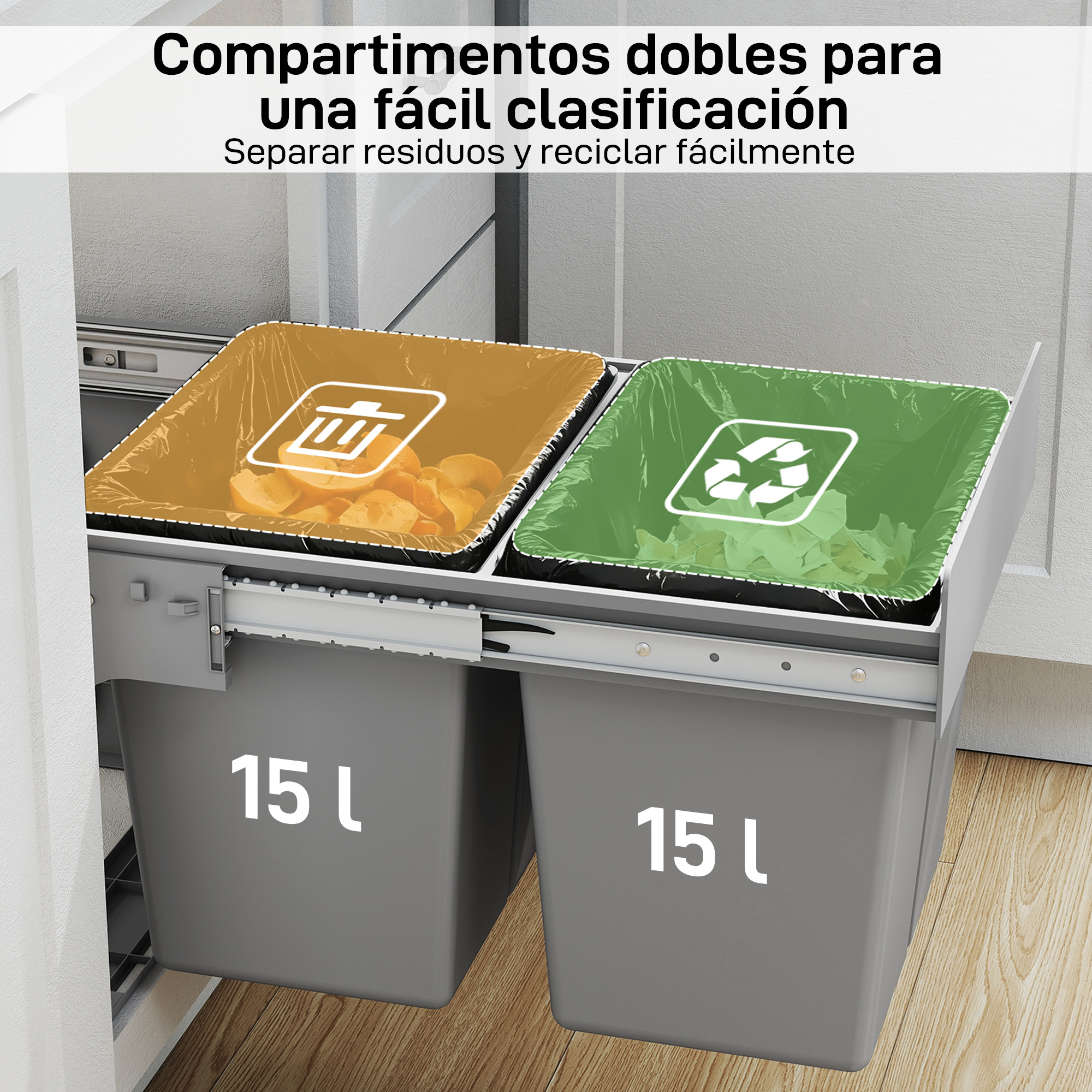Dos cubos de basura con tapas naranja y verde para separar residuos.