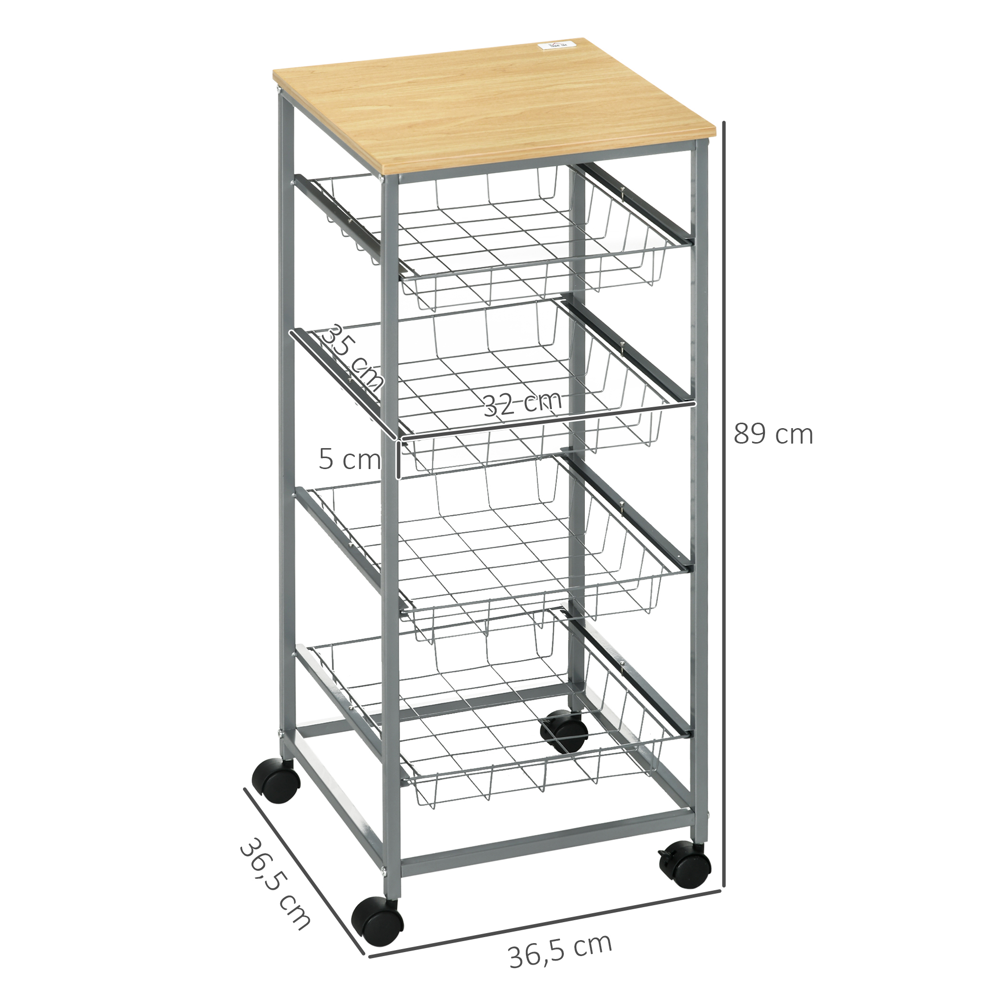 Un carrito gris con ruedas, cuatro cestas de alambre y tapa de madera.