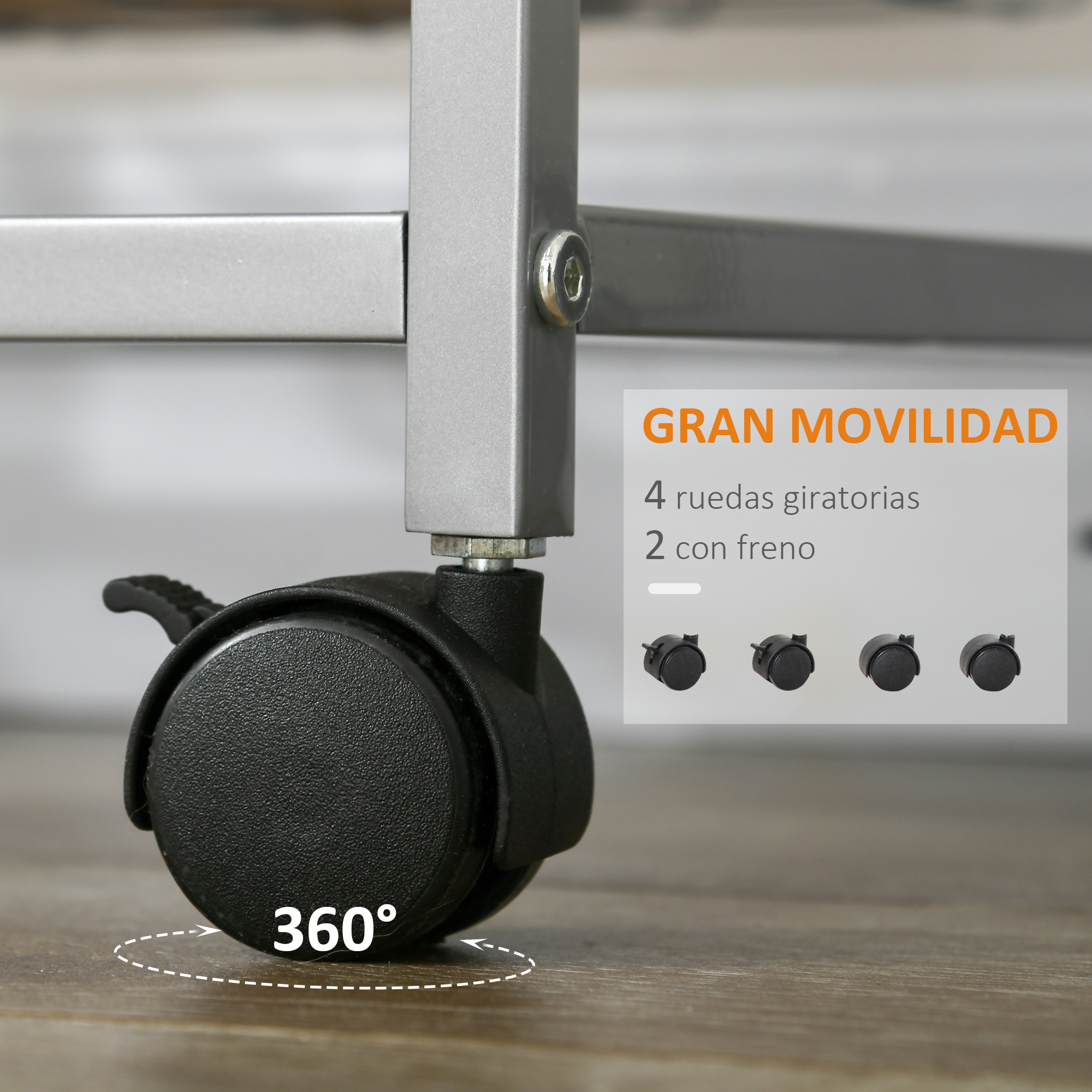 Primer plano de un marco de metal gris con una rueda negra con freno. Rotación de 360 grados.