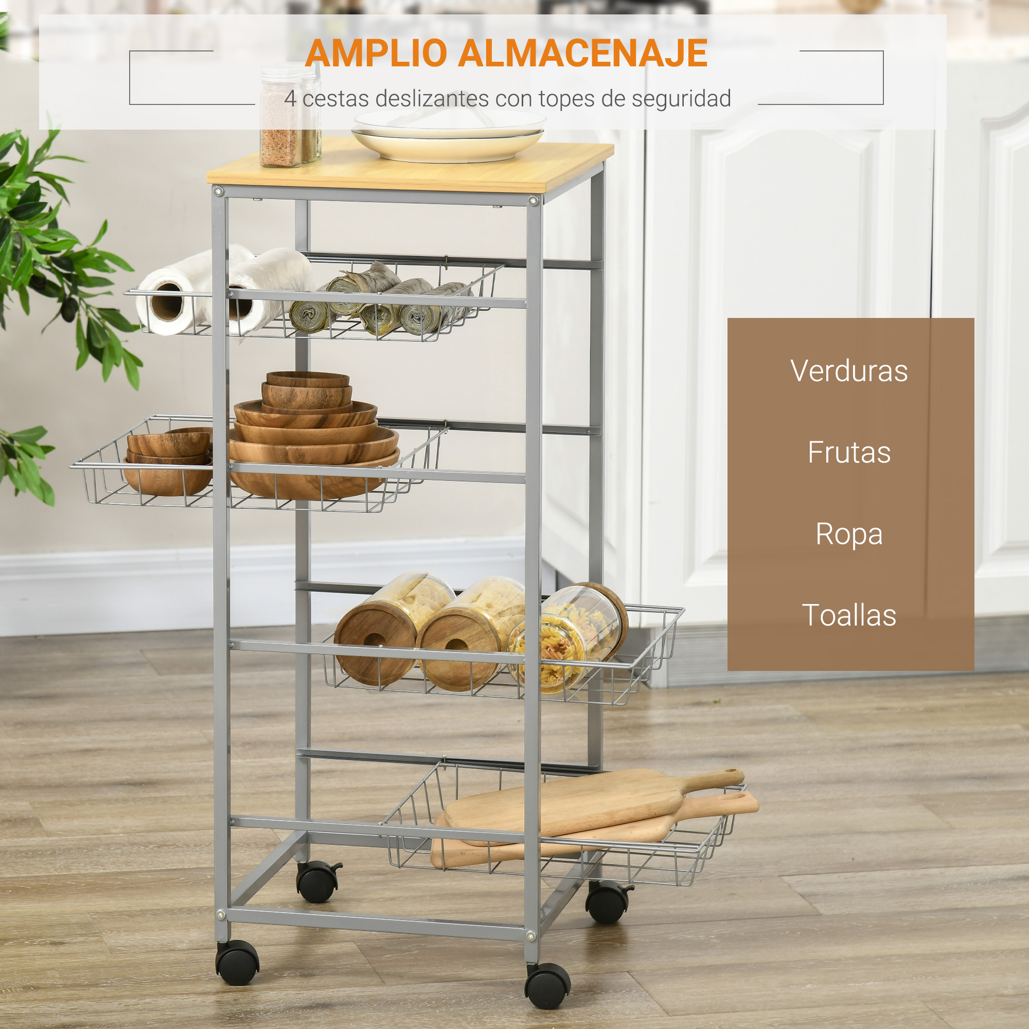 Carrito de cocina metálico con tapa de madera, lleno de cuencos, frascos y tablas de cortar.