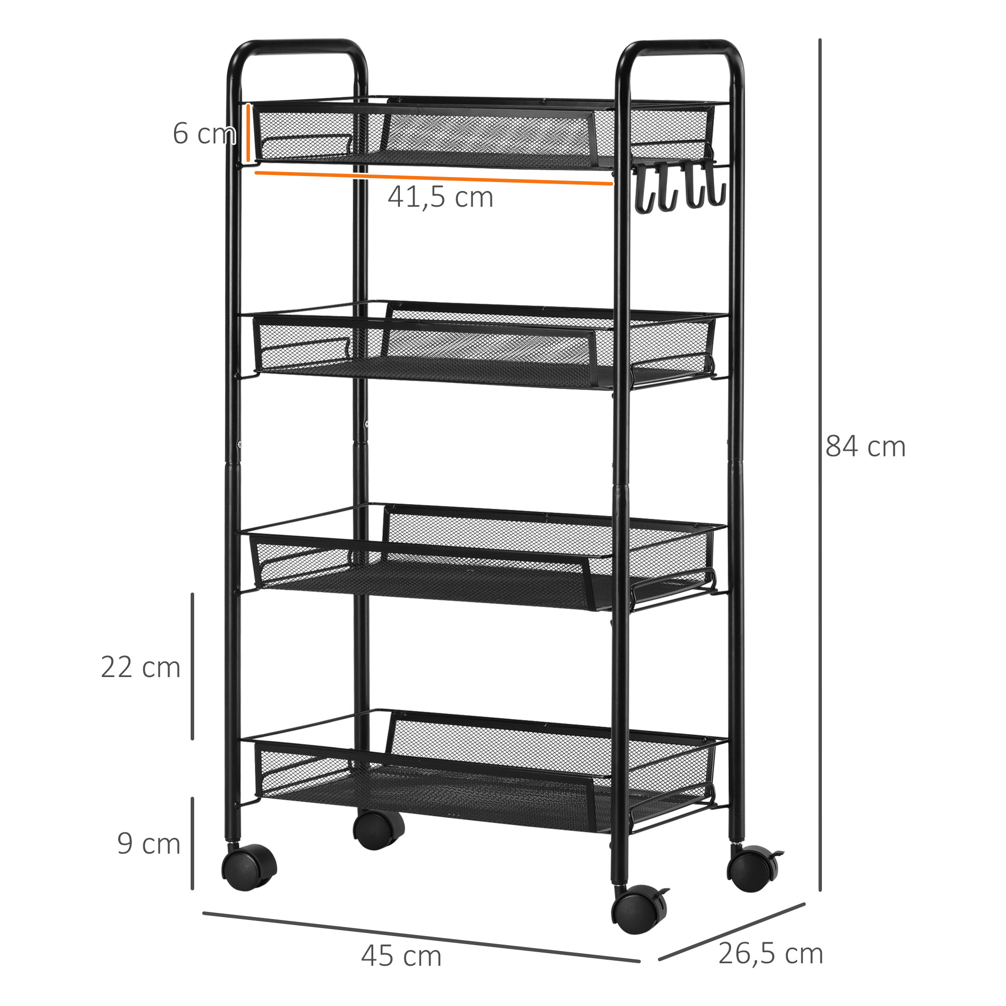 Carrito negro con ruedas, 5 cestas y ganchos. Medidas: 84x41,5x26,5 cm.