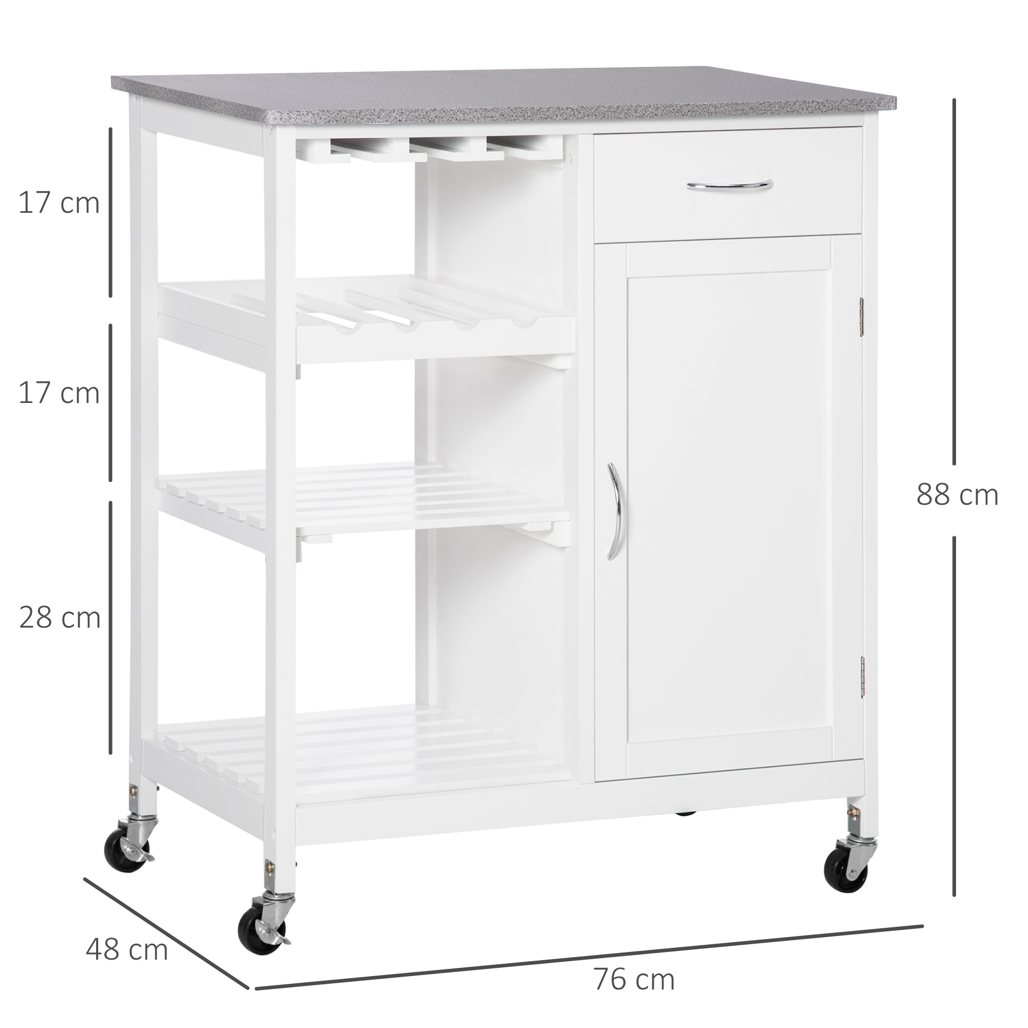 Carro de cocina blanco con tapa de granito, cajón, armario y ruedas. Dimensiones.