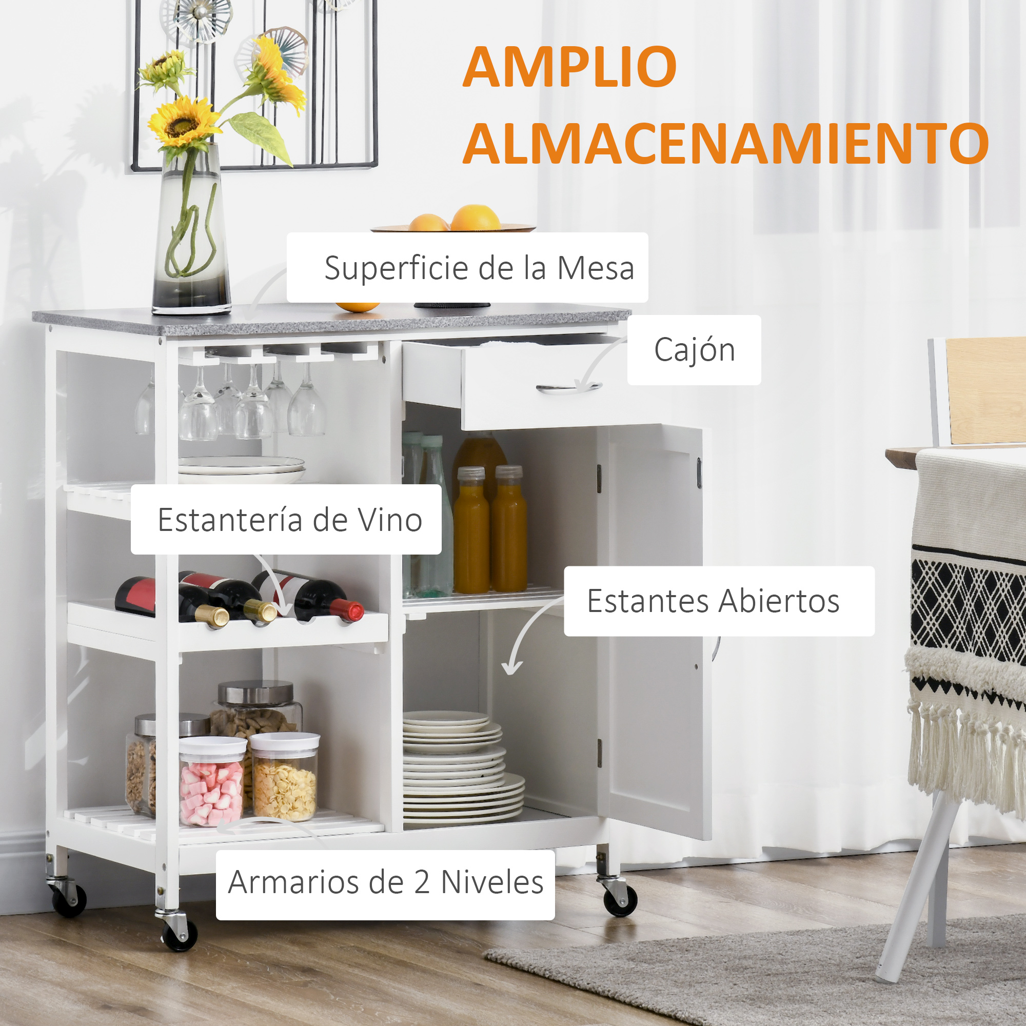 Un carrito auxiliar blanco con portavasos, botellas de vino, copas, platos y cajones.