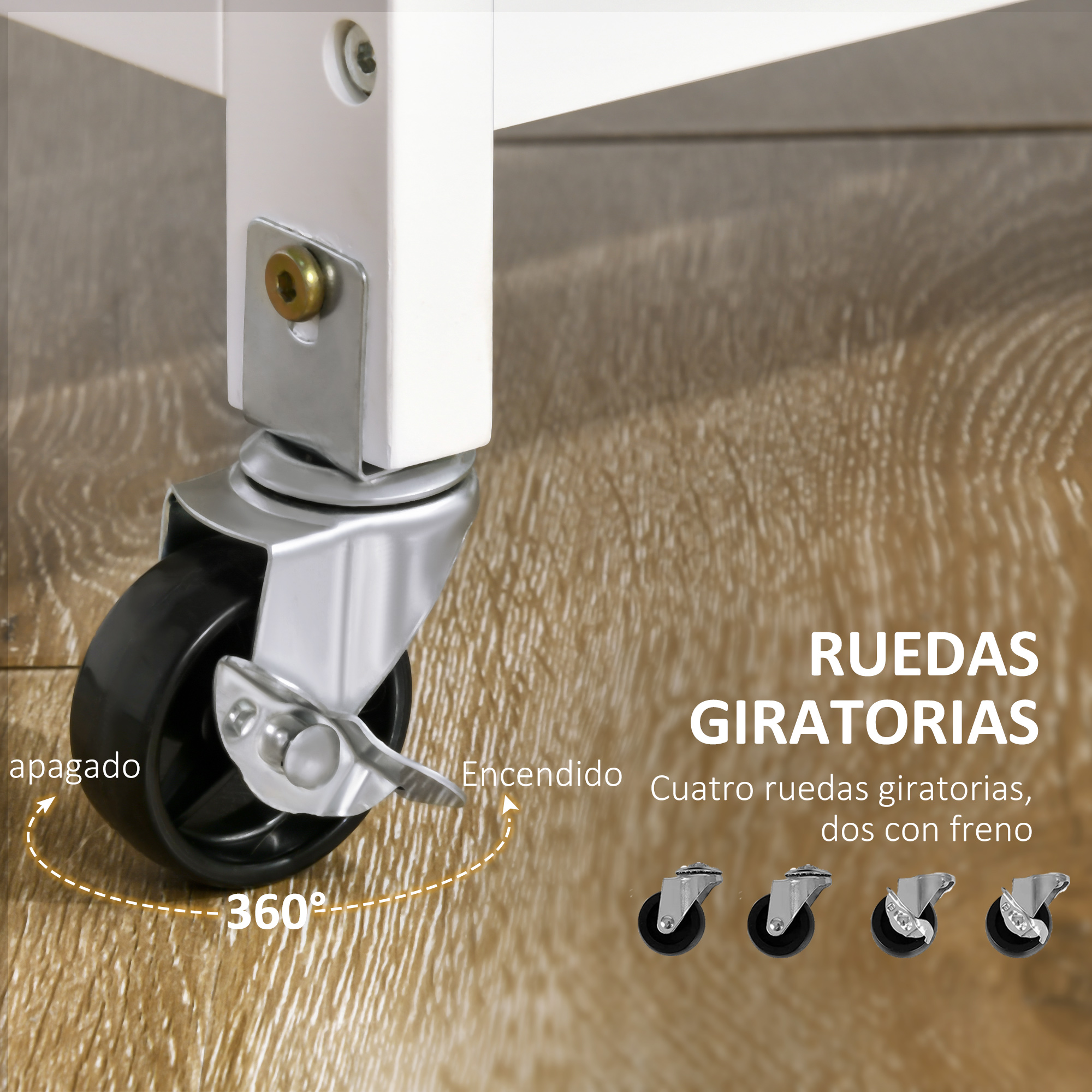 Primer plano de una rueda giratoria de 360°, cuatro ruedas, dos con freno.