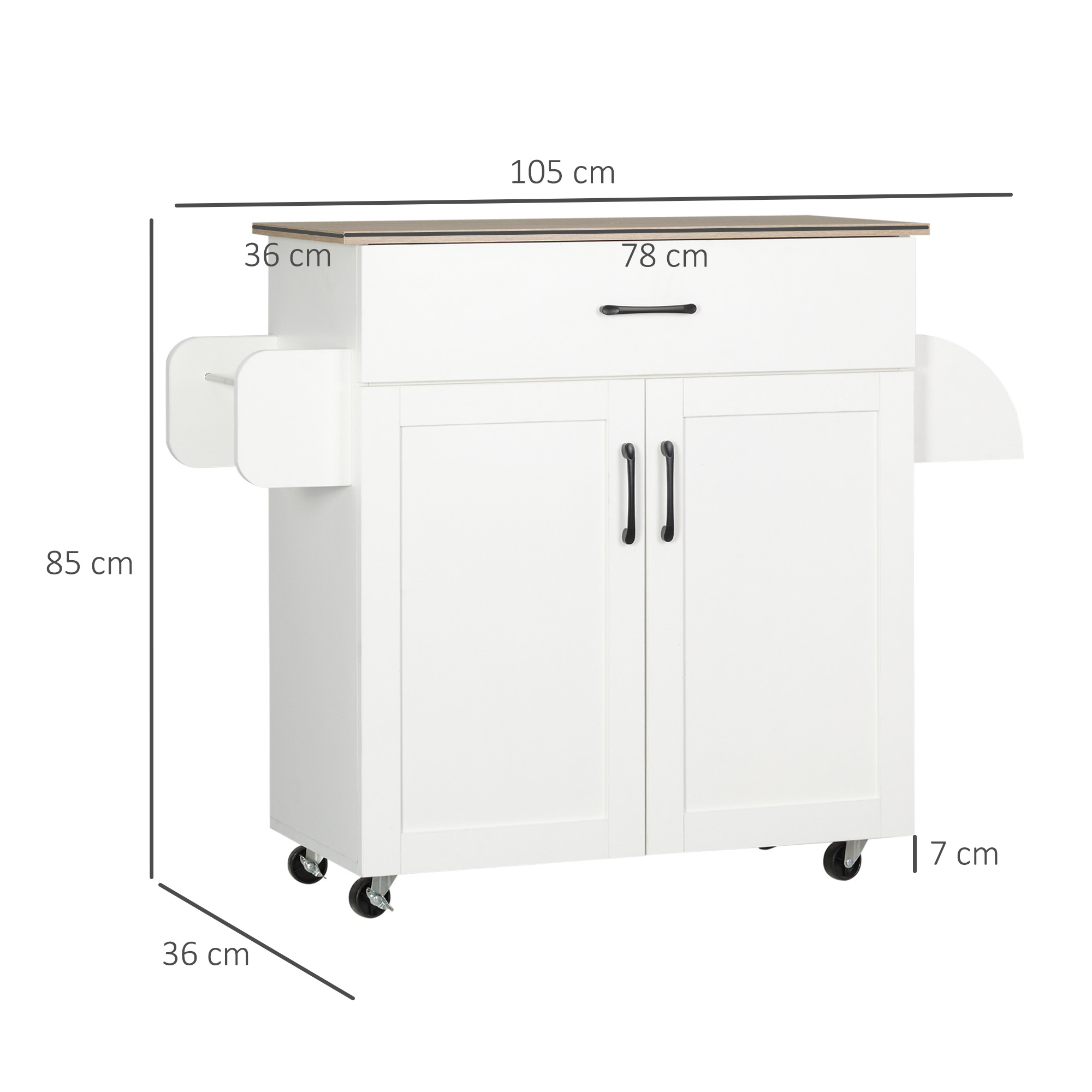 Un carrito de cocina blanco con tapa de madera, cajón, puerta doble y ruedas.