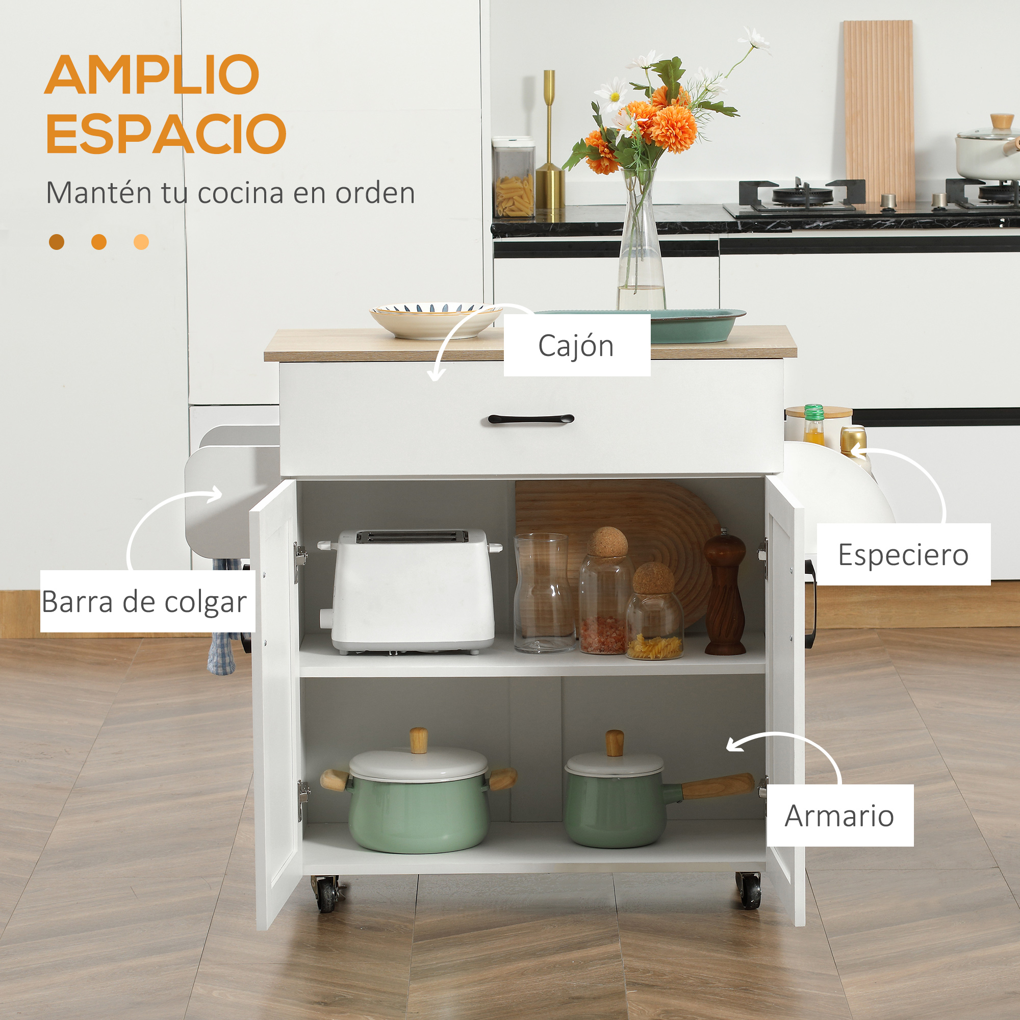Un carrito de cocina blanco con estante abierto con ollas y tostadora.