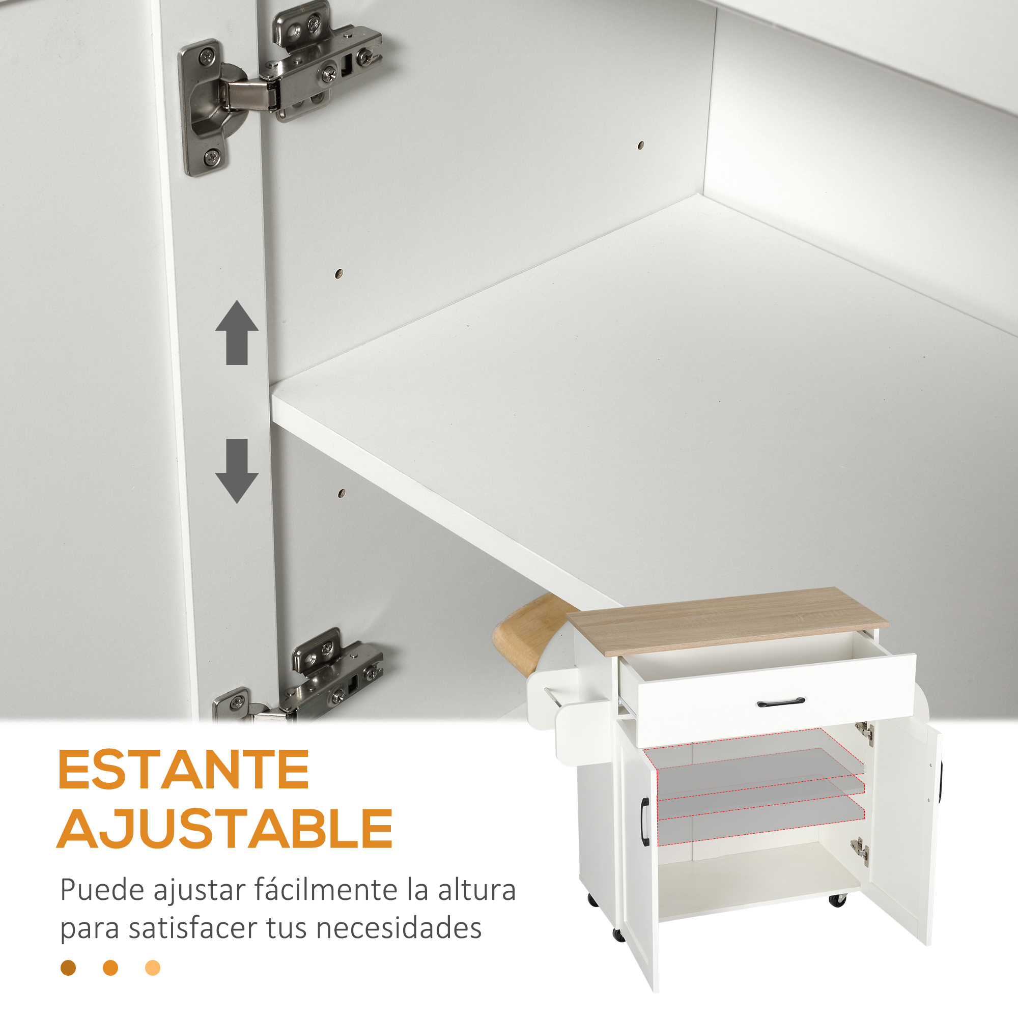 Armario blanco con estante ajustable, cajón abierto y puertas. Flechas indican ajuste.