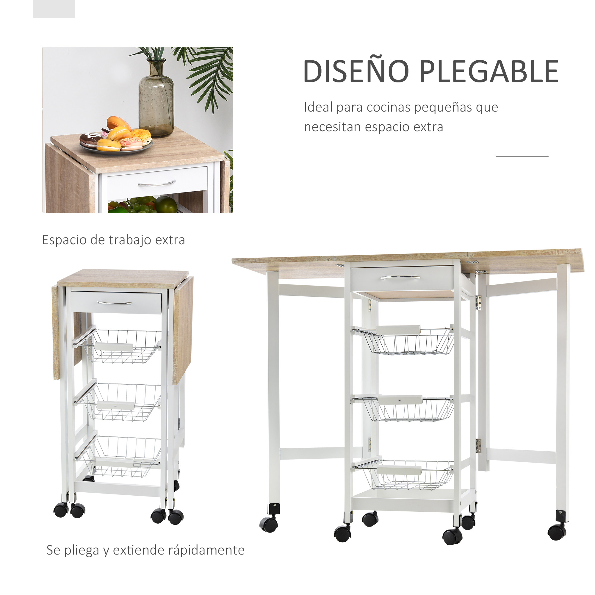 Un carrito de cocina plegable con cajón y cestas, mostrado plegado y extendido.