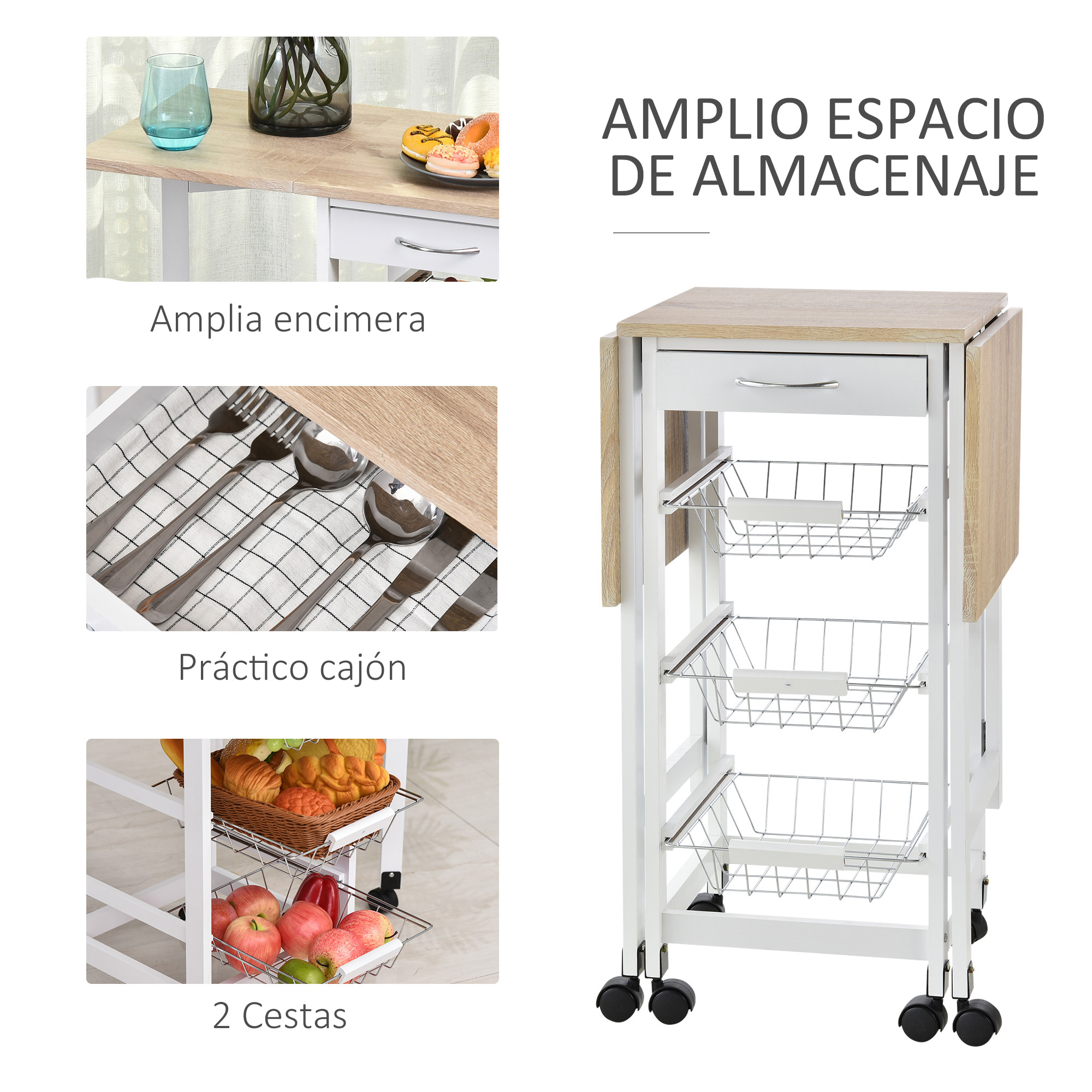 Un carrito de cocina blanco con tapa de madera, cajón, tres cestas y ruedas.