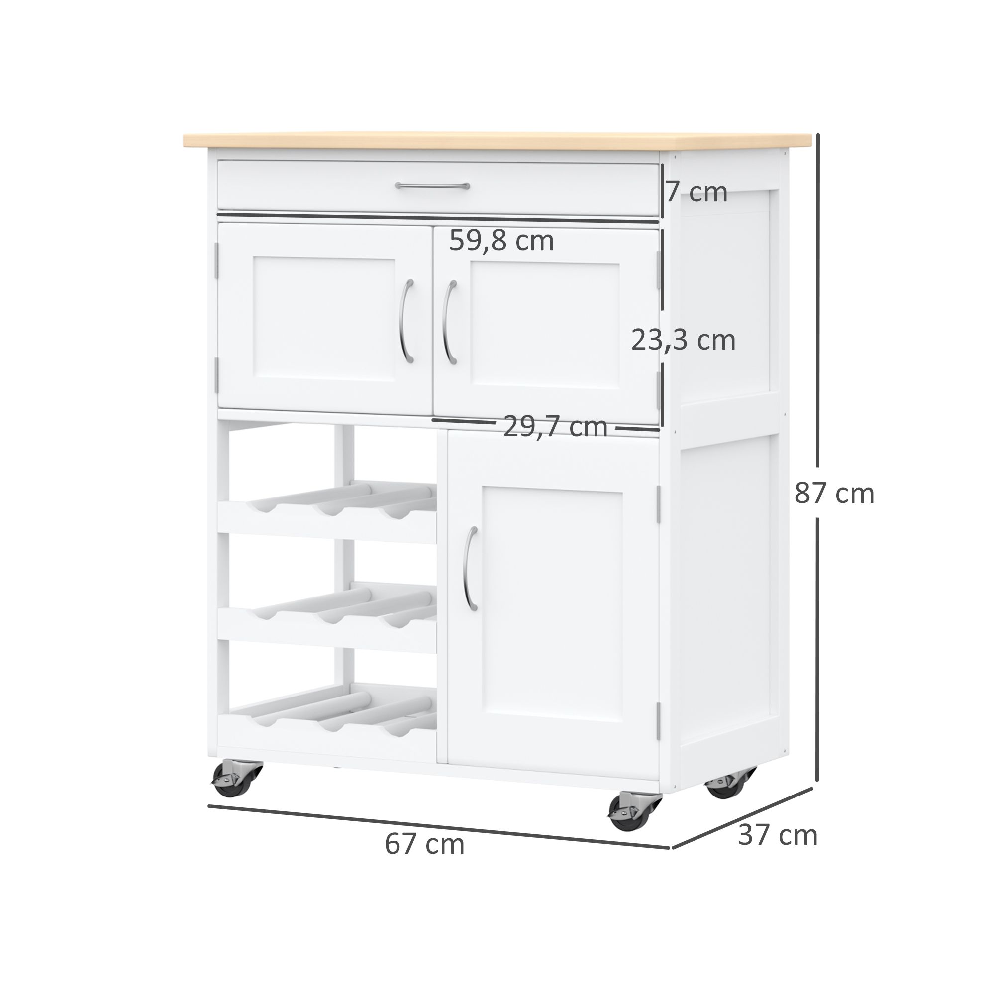 Carro de cocina blanco con tapa de madera, cajón, dos armarios y botelleros.