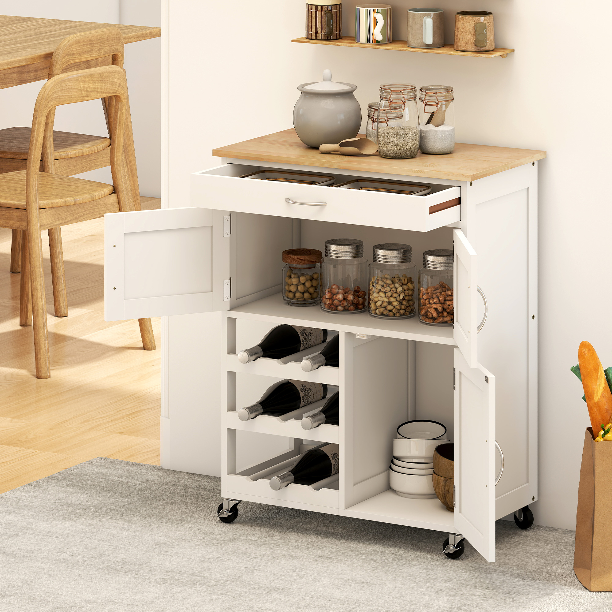 Un carrito de cocina blanco con tapa de madera, lleno de tarros, botellas y platos.