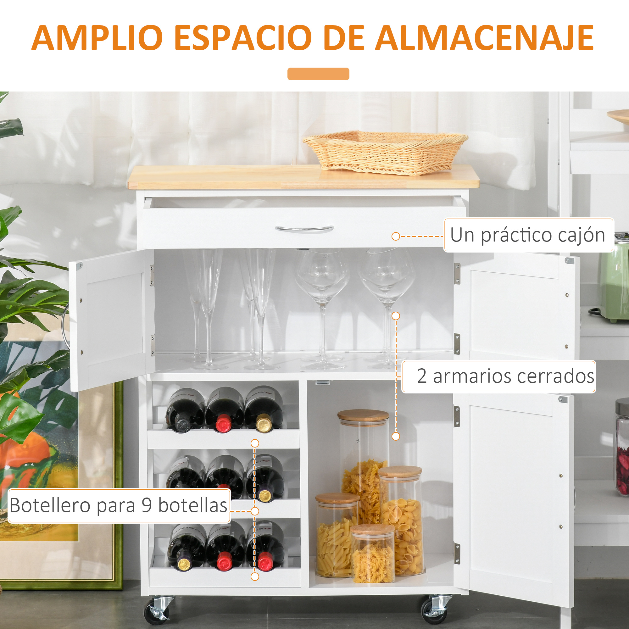 Carrito blanco con botellero, copas, cajón y armarios.