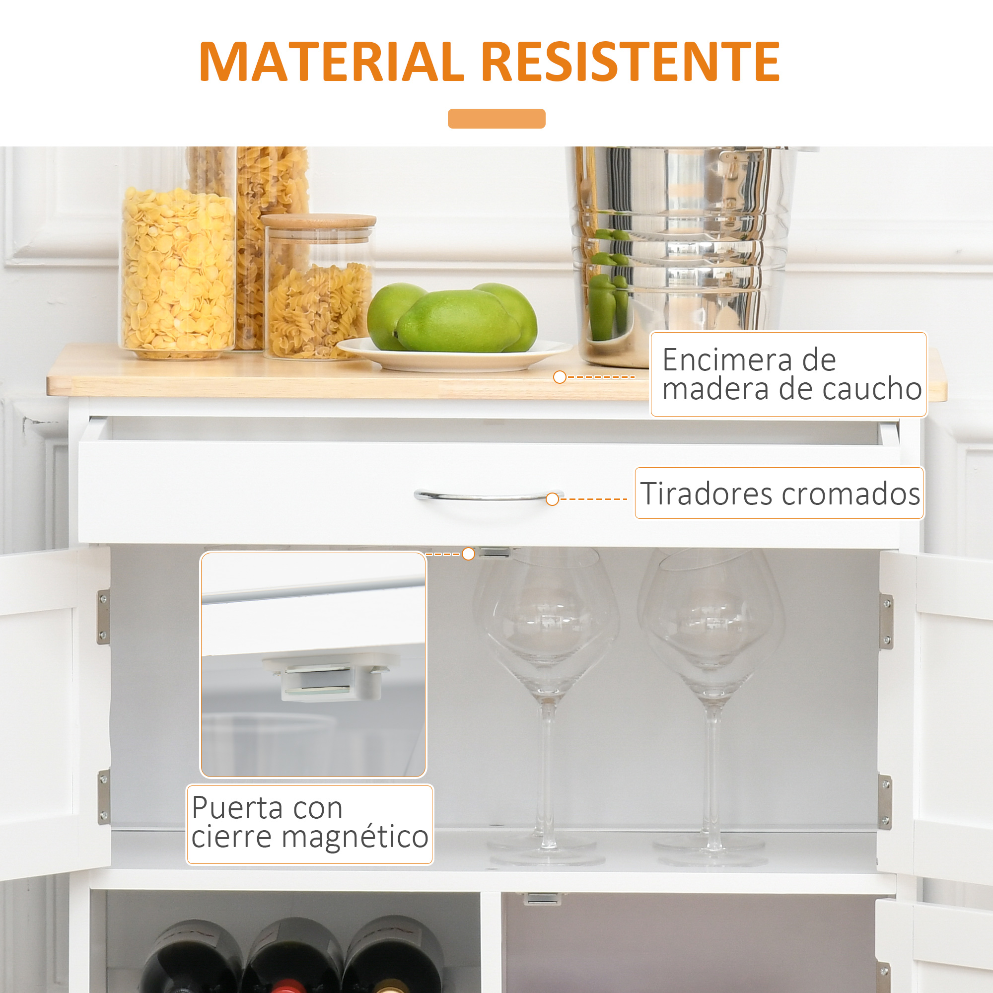 Un armario blanco con cristalería, botellas y tarros de pasta.