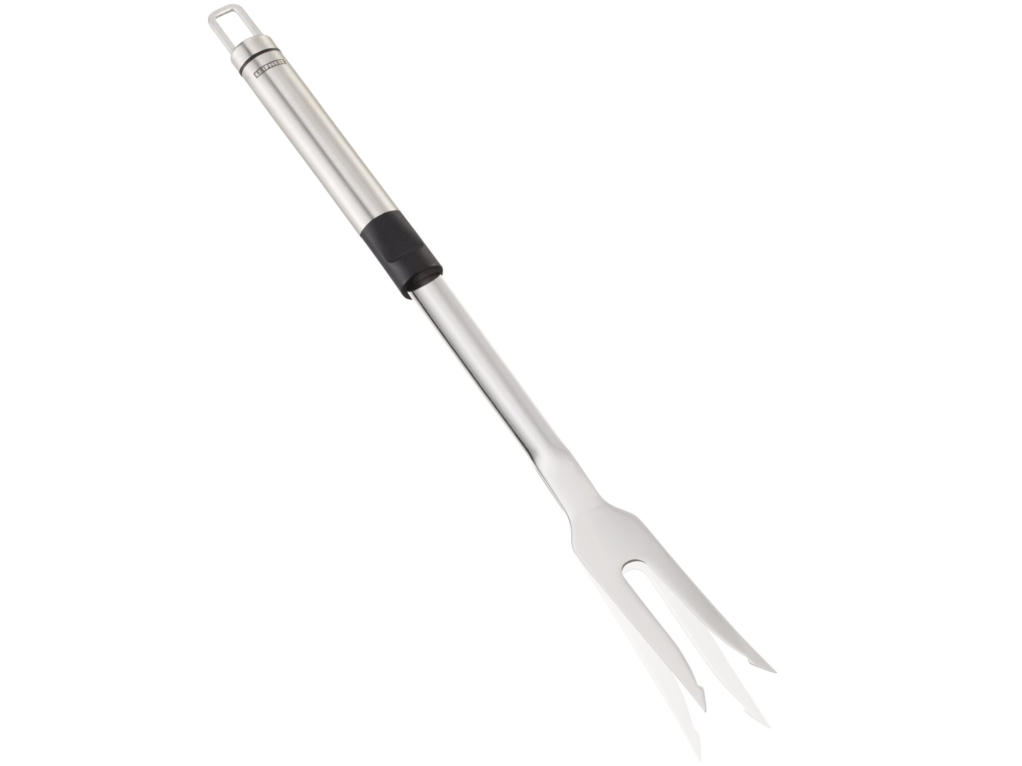 Eine silberne Fleischgabel mit drei Zinken und einem schwarzen Griff.