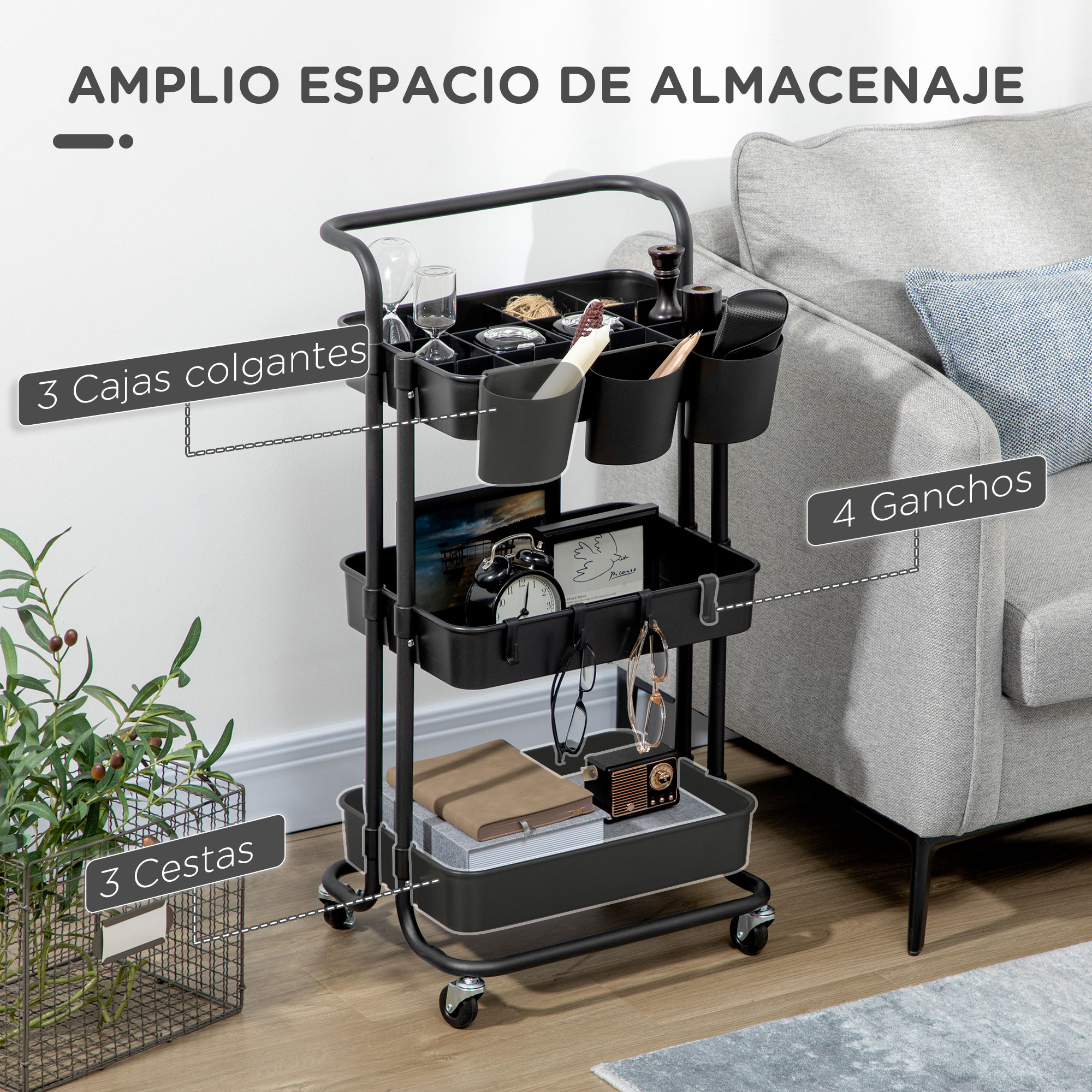 Carro negro con varios compartimentos, vasos, libros y plantas.