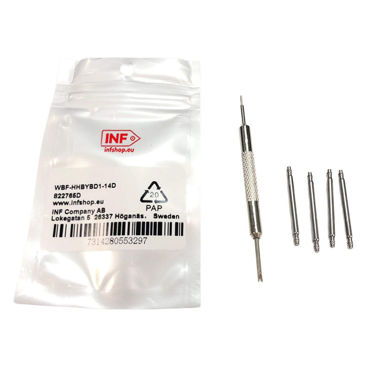 Narzędzie do paska zegarka i cztery sprężyste bolce w opakowaniu z informacją o produkcie.