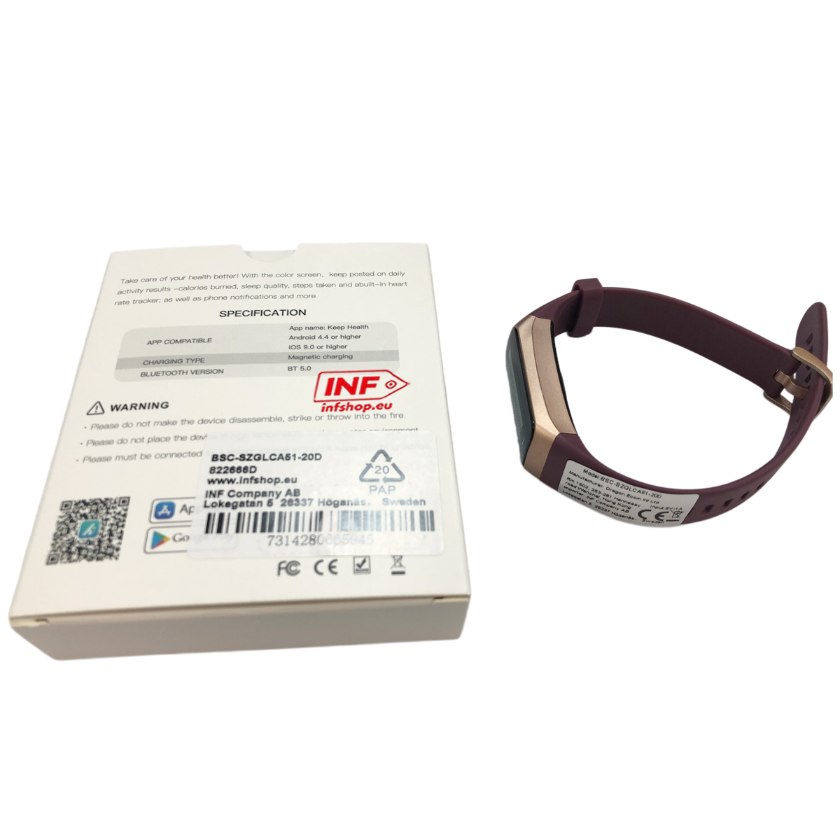 Fioletowy tracker fitness leży obok pudełka ze specyfikacjami.