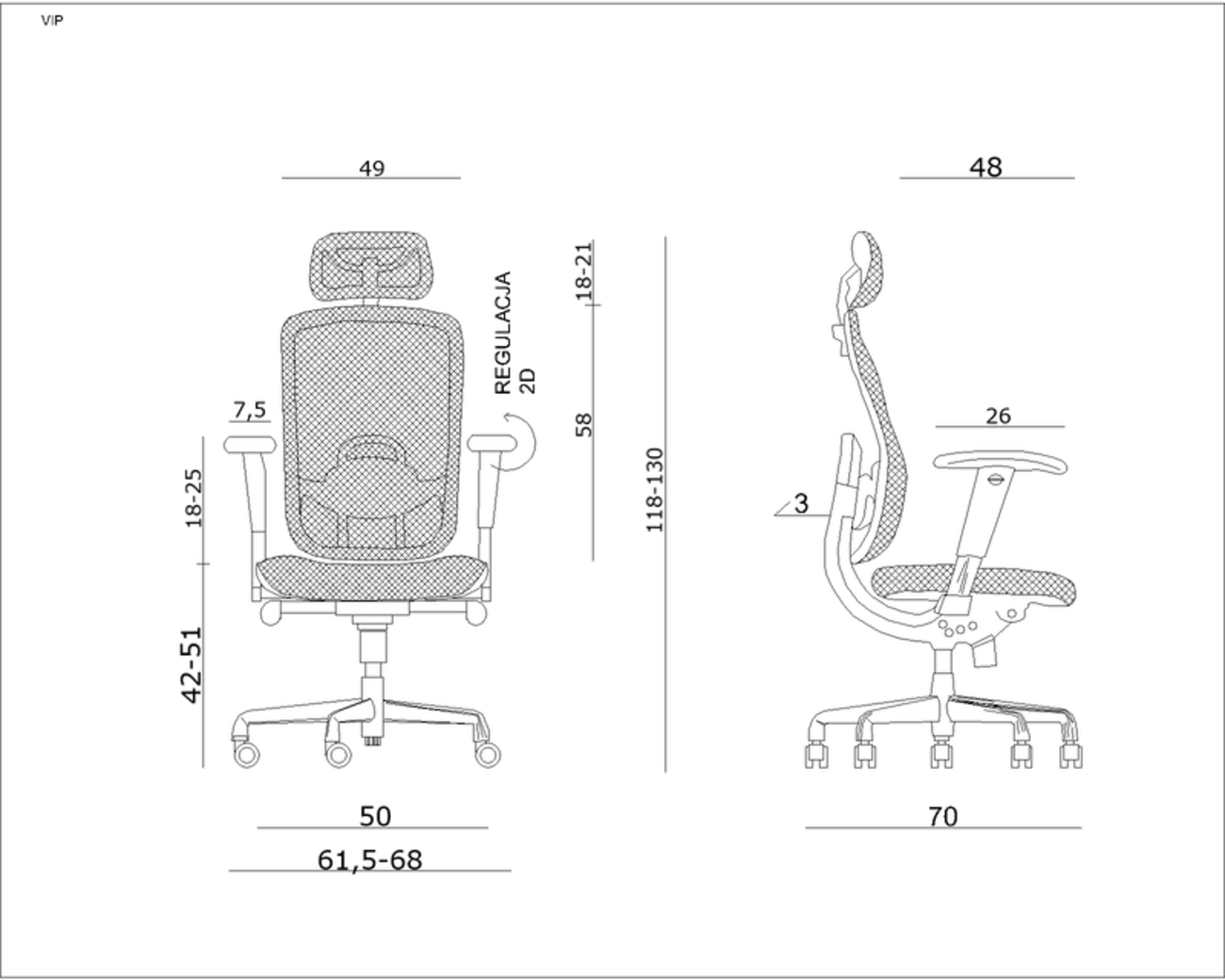 Rysunek techniczny krzesła biurowego z wymiarami i opcjami regulacji.