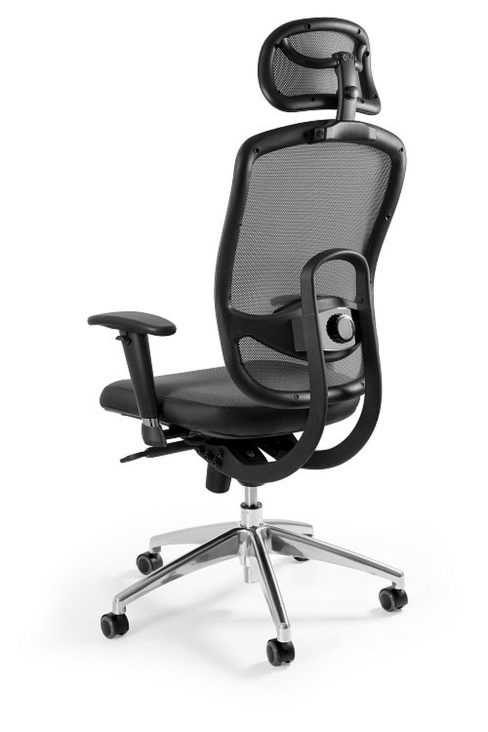 Czarny ergonomiczny fotel biurowy z siatkowanym oparciem i regulowanym zagłówkiem.