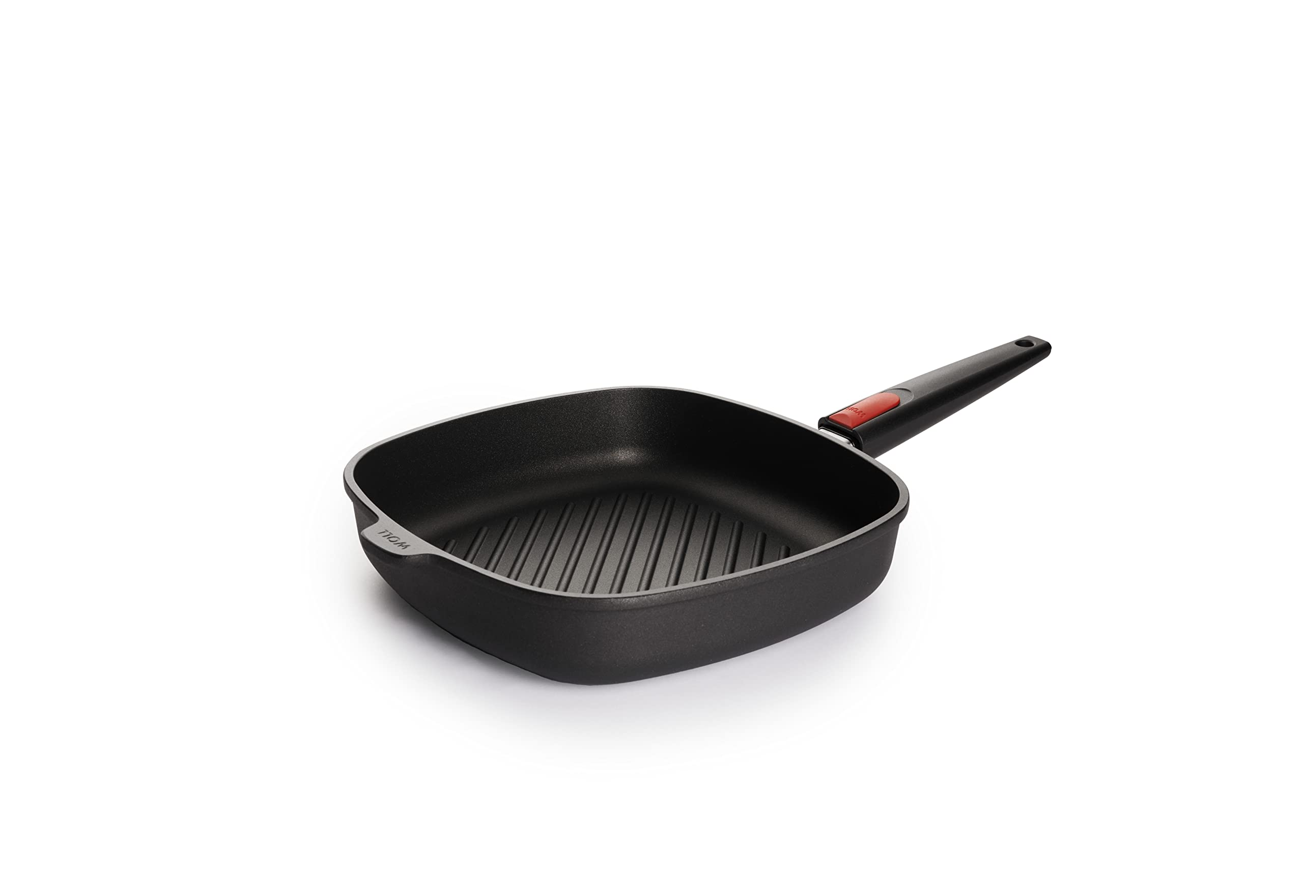 Eine schwarze Grillpfanne mit geriffelter Oberfläche und einem roten Akzent am Griff.