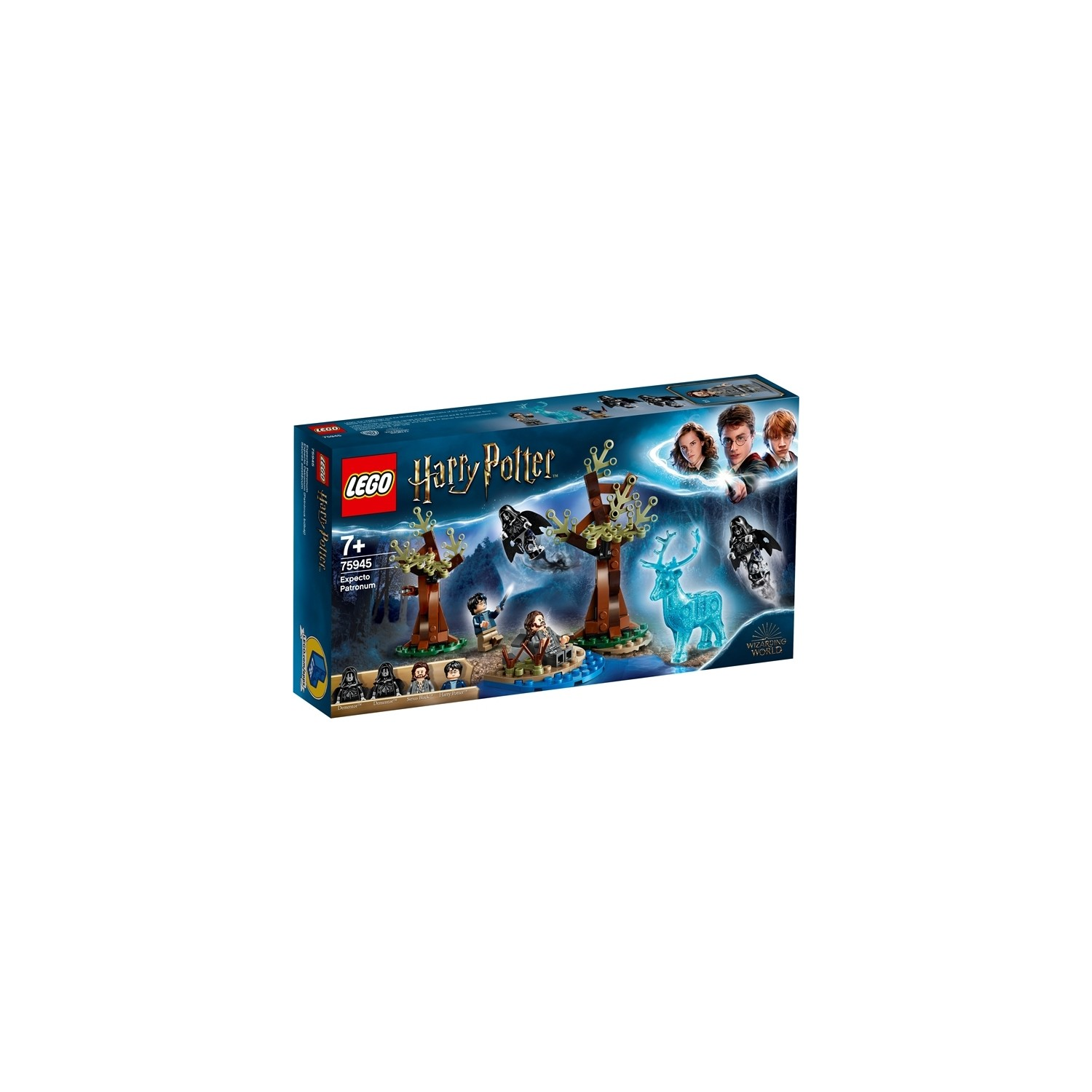 Lego Harry Potter Set mit Figuren, einem Baum und einem leuchtenden Hirsch.