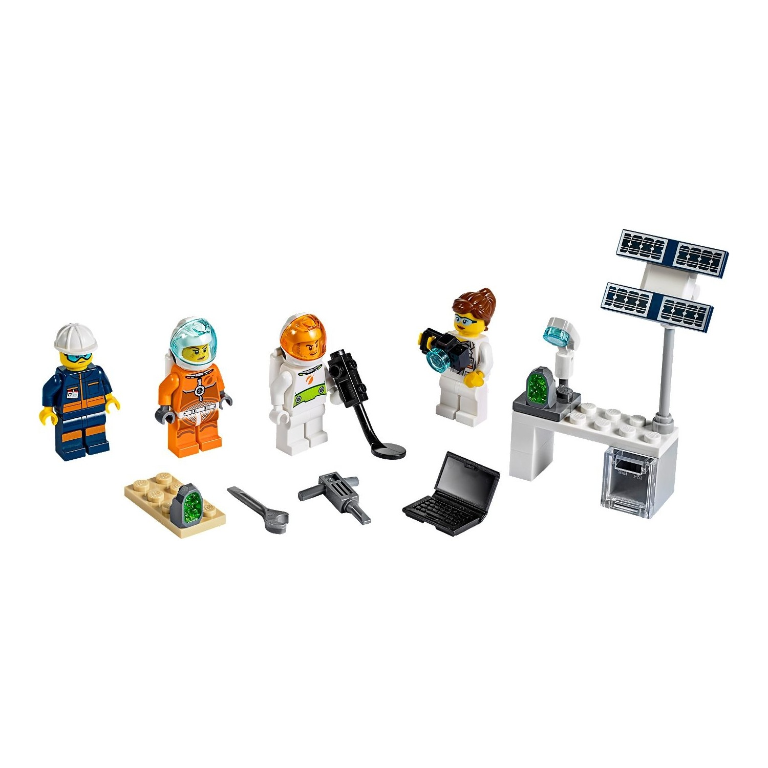 Figure Lego in tute spaziali e uno scienziato con attrezzatura.