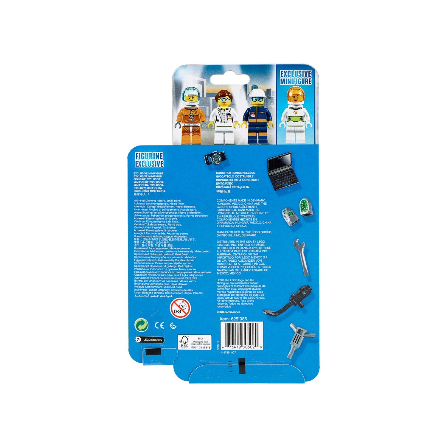 Confezione con 4 minifigure Lego: astronauta, scienziato, costruttore, cuoco. Accessori: laptop, attrezzi.