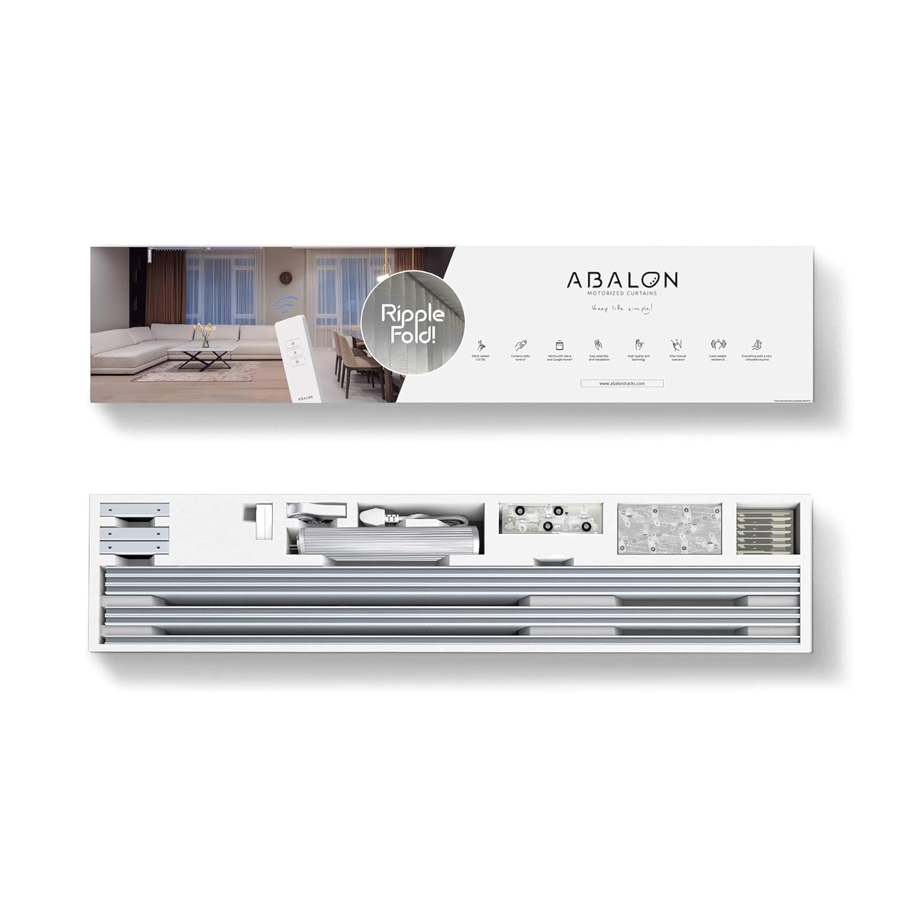 Abalon Motorized Curtains Verpackung mit Produktabbildungen und Inhalten.