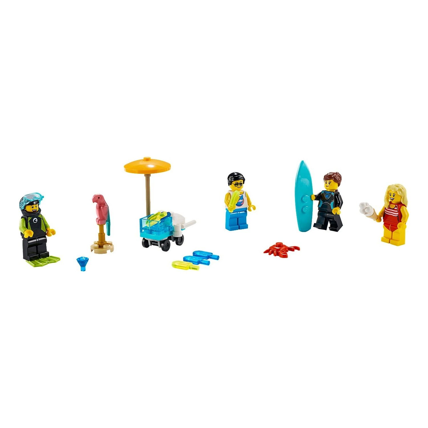 Sörf tahtası, papağan ve şemsiyeli Lego figürleri sahilde.