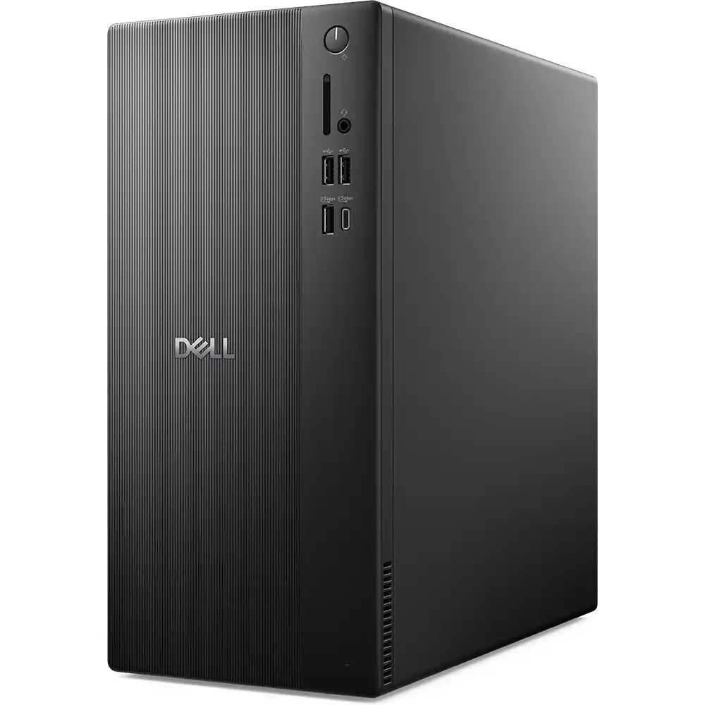 Yivli ön panele ve USB bağlantı noktalarına sahip siyah bir Dell kule bilgisayar.