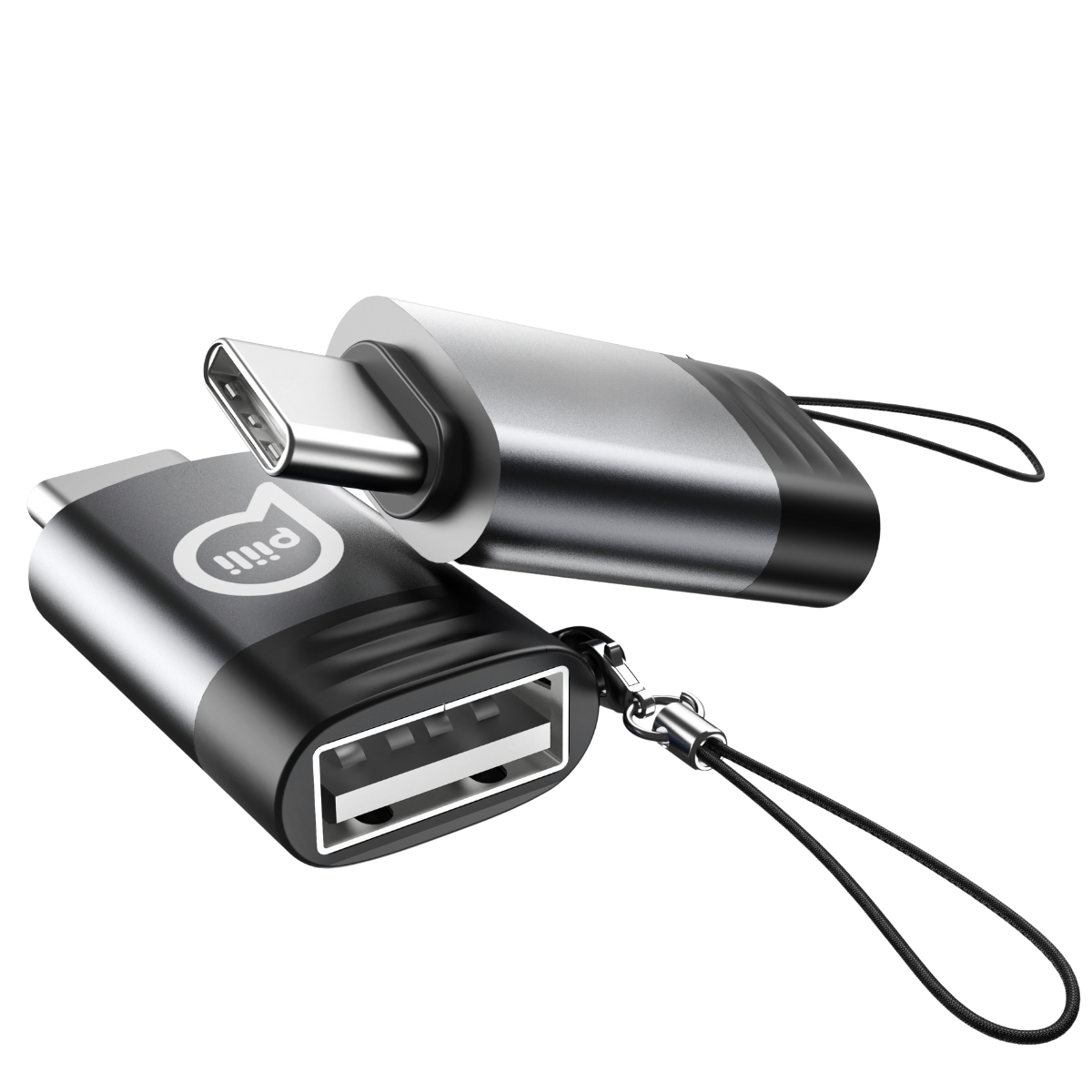 Siyah ve gümüş gövdeli ve kordonlu iki USB-C - USB-A adaptörü.