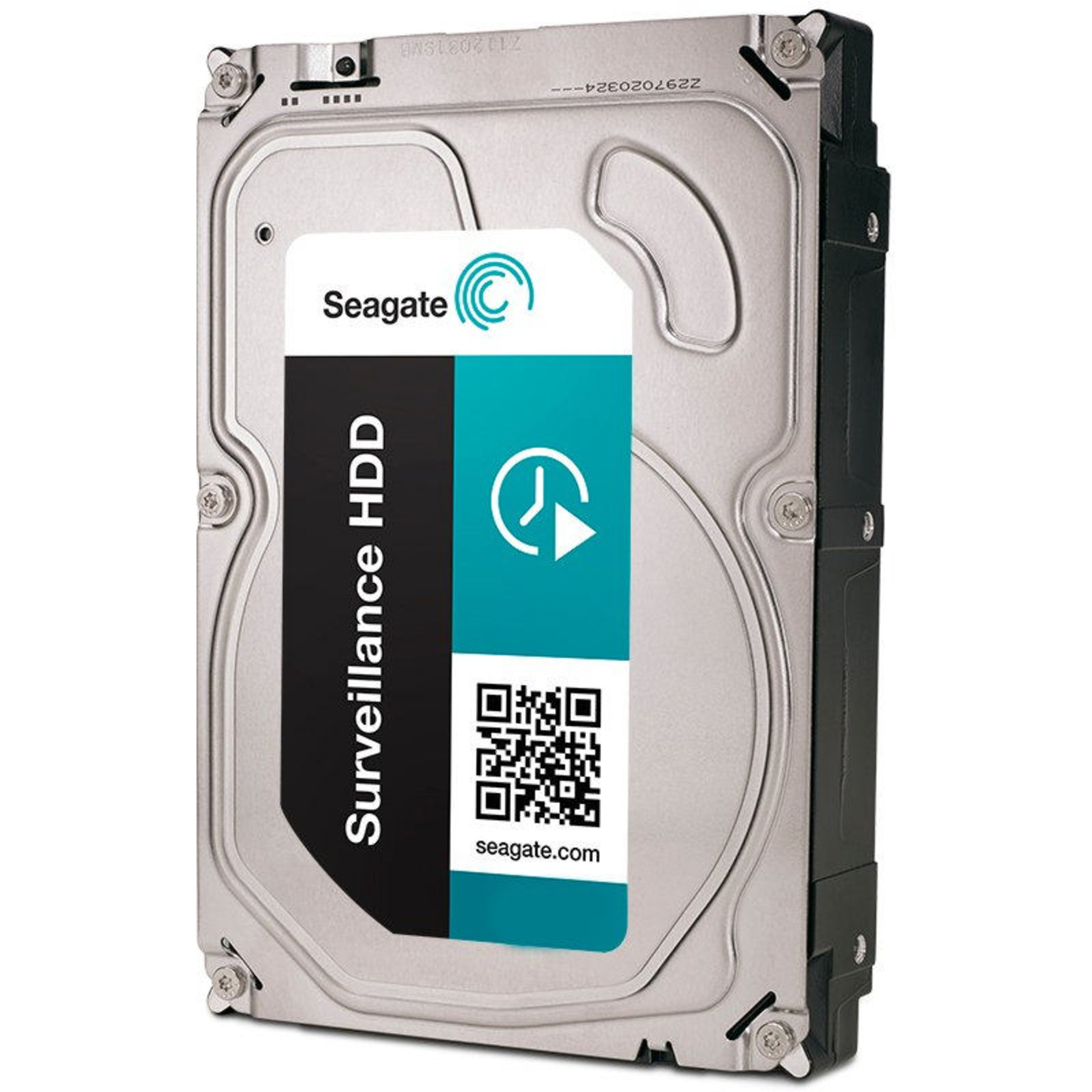 Un HDD Seagate per sorveglianza con etichetta raffigurante orologio e codice QR.