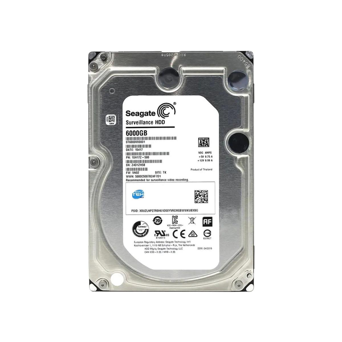 Hard disk argentato Seagate Surveillance, capacità 6000 GB, modello ST6000VX0001.