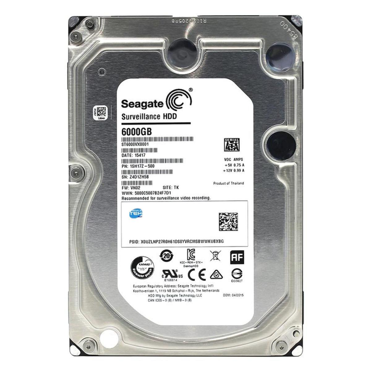 Hard disk Seagate 6TB sorveglianza con etichette, viti e connettori visibili.